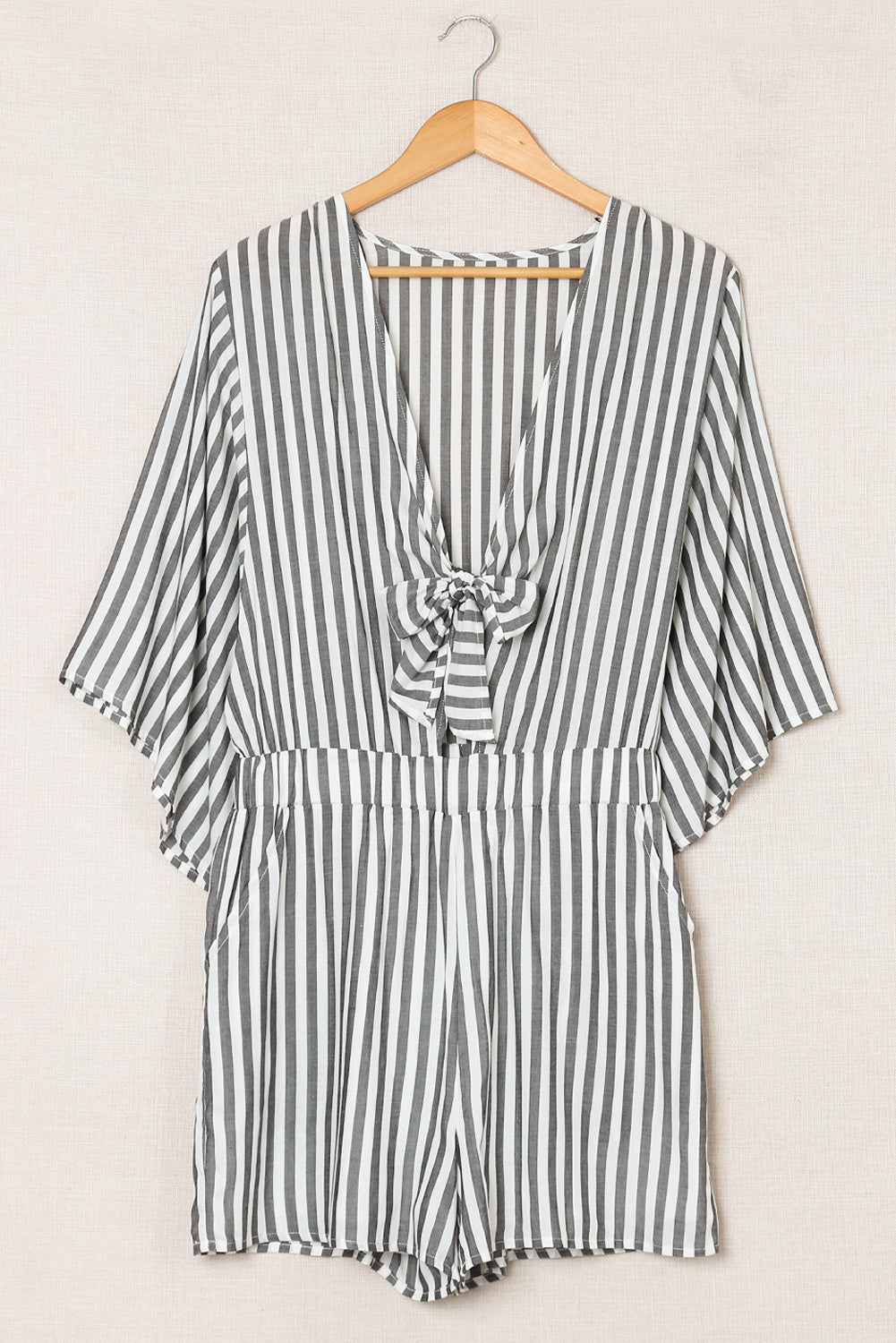 Grey Striped Print Tie Knot Front Romper With Pockets - MAD RUFFI