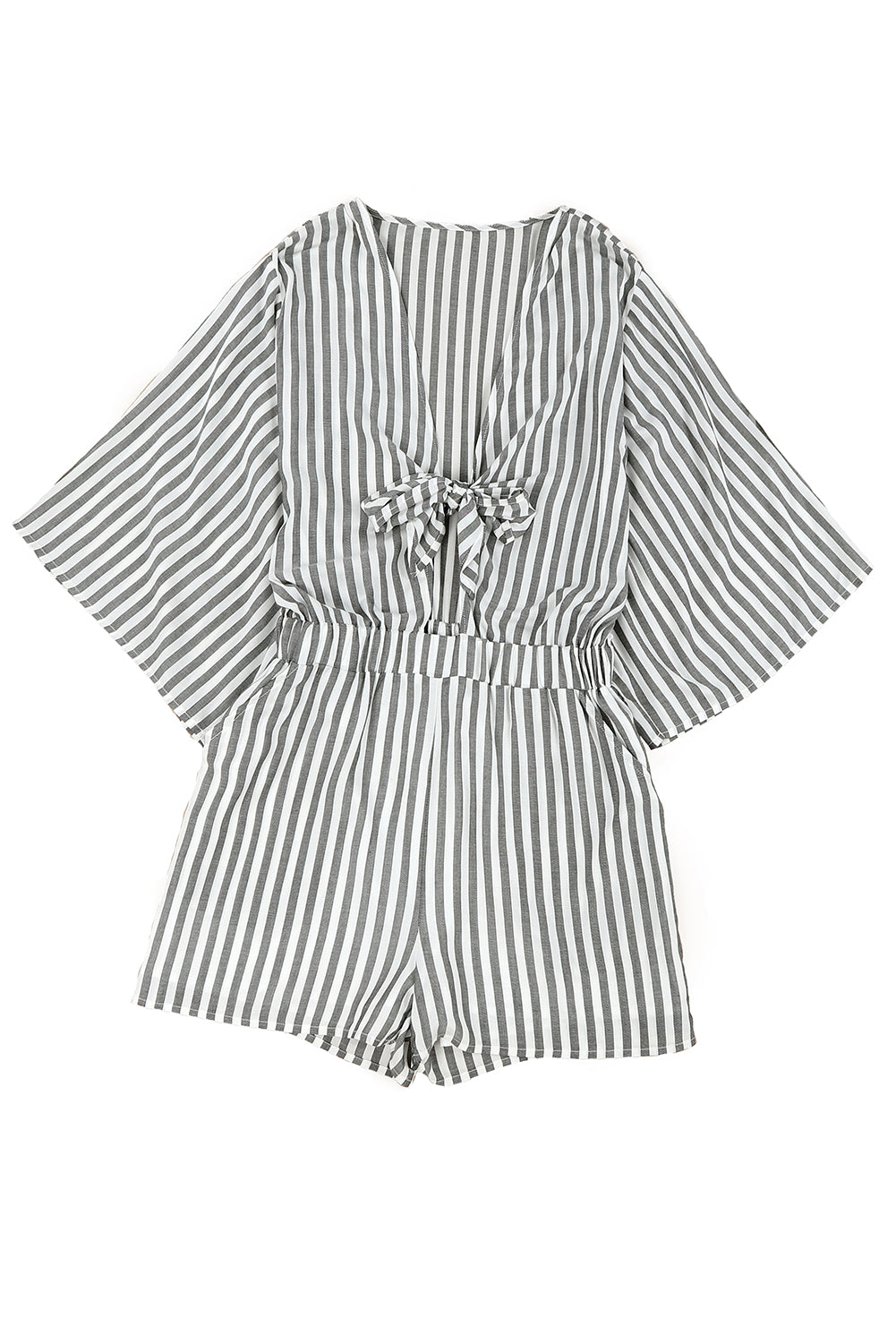 Grey Striped Print Tie Knot Front Romper With Pockets - MAD RUFFI