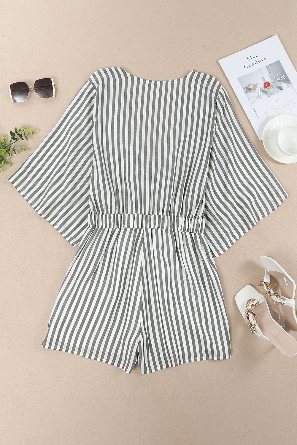 Grey Striped Print Tie Knot Front Romper With Pockets - MAD RUFFI