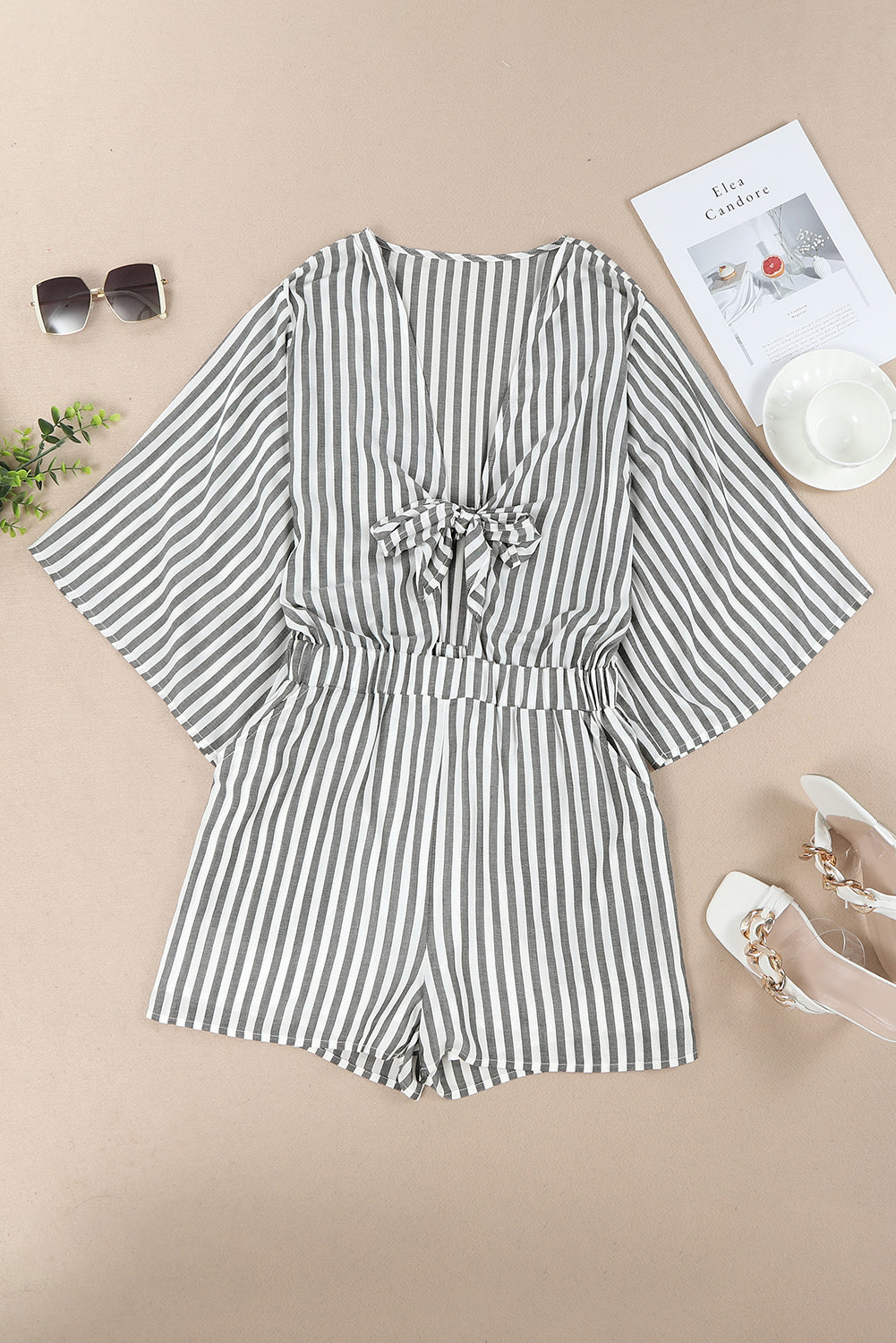 Grey Striped Print Tie Knot Front Romper With Pockets - MAD RUFFI