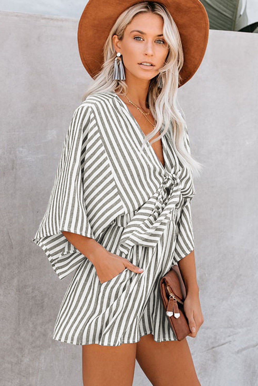 Grey Striped Print Tie Knot Front Romper With Pockets - MAD RUFFI