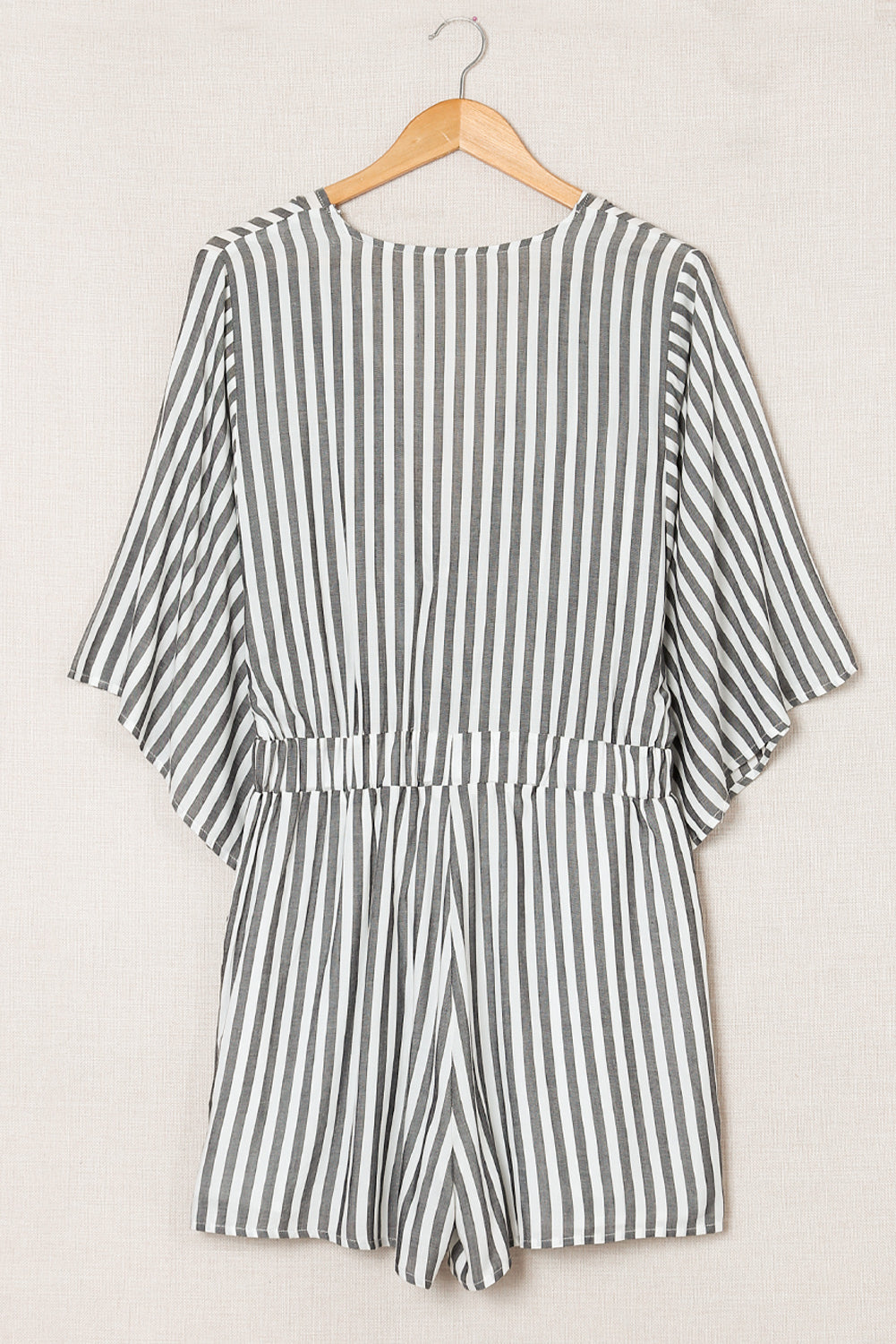 Grey Striped Print Tie Knot Front Romper With Pockets - MAD RUFFI