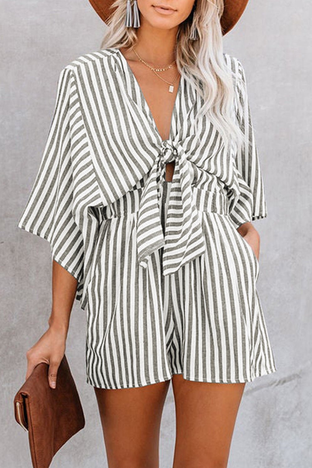 Grey Striped Print Tie Knot Front Romper With Pockets - MAD RUFFI