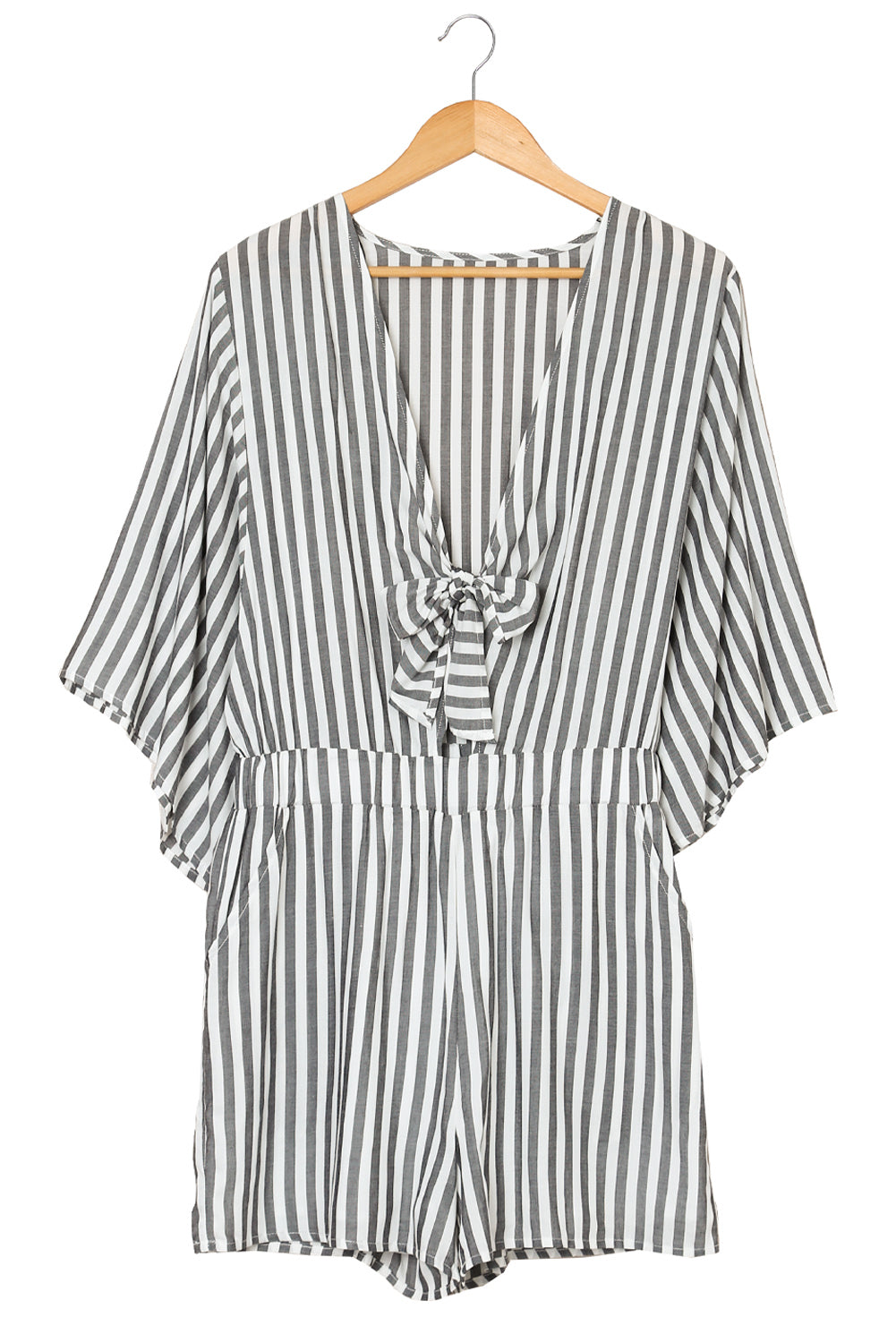 Grey Striped Print Tie Knot Front Romper With Pockets - MAD RUFFI