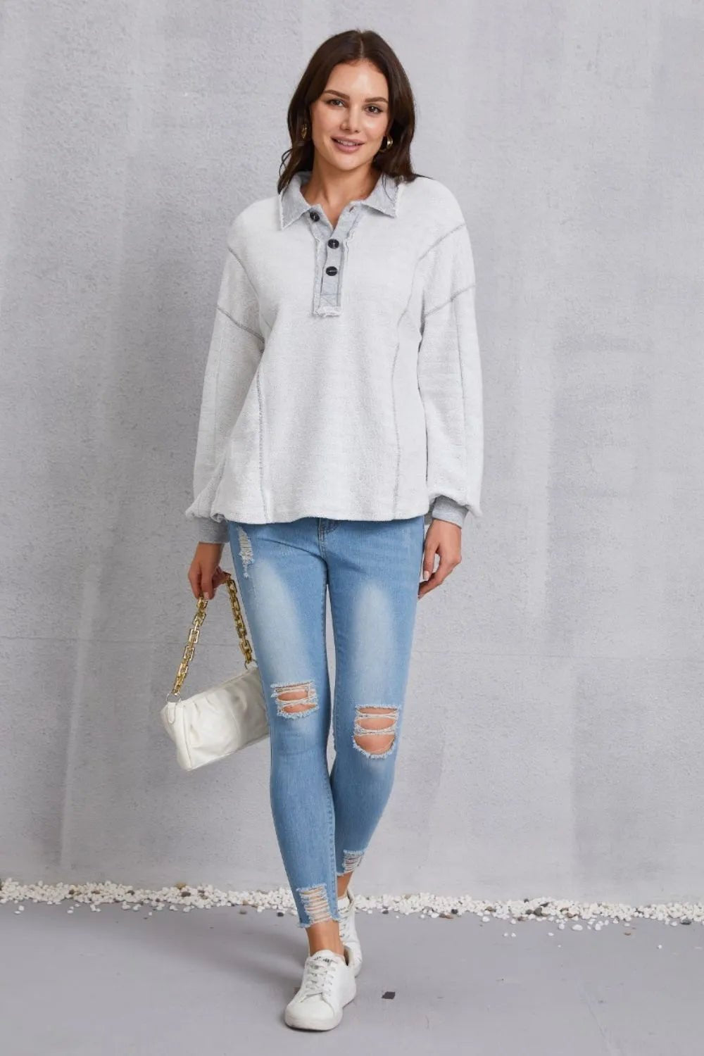 Half Button Dropped Shoulder Sweatshirt - MAD RUFFI