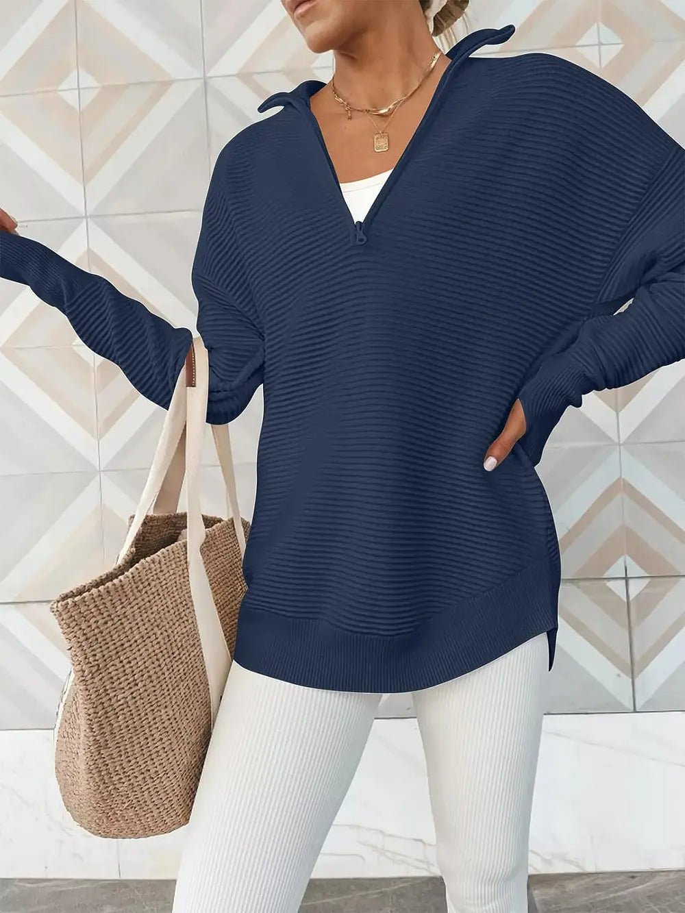 Half Zip Long Sleeve Knit Top - MAD RUFFI