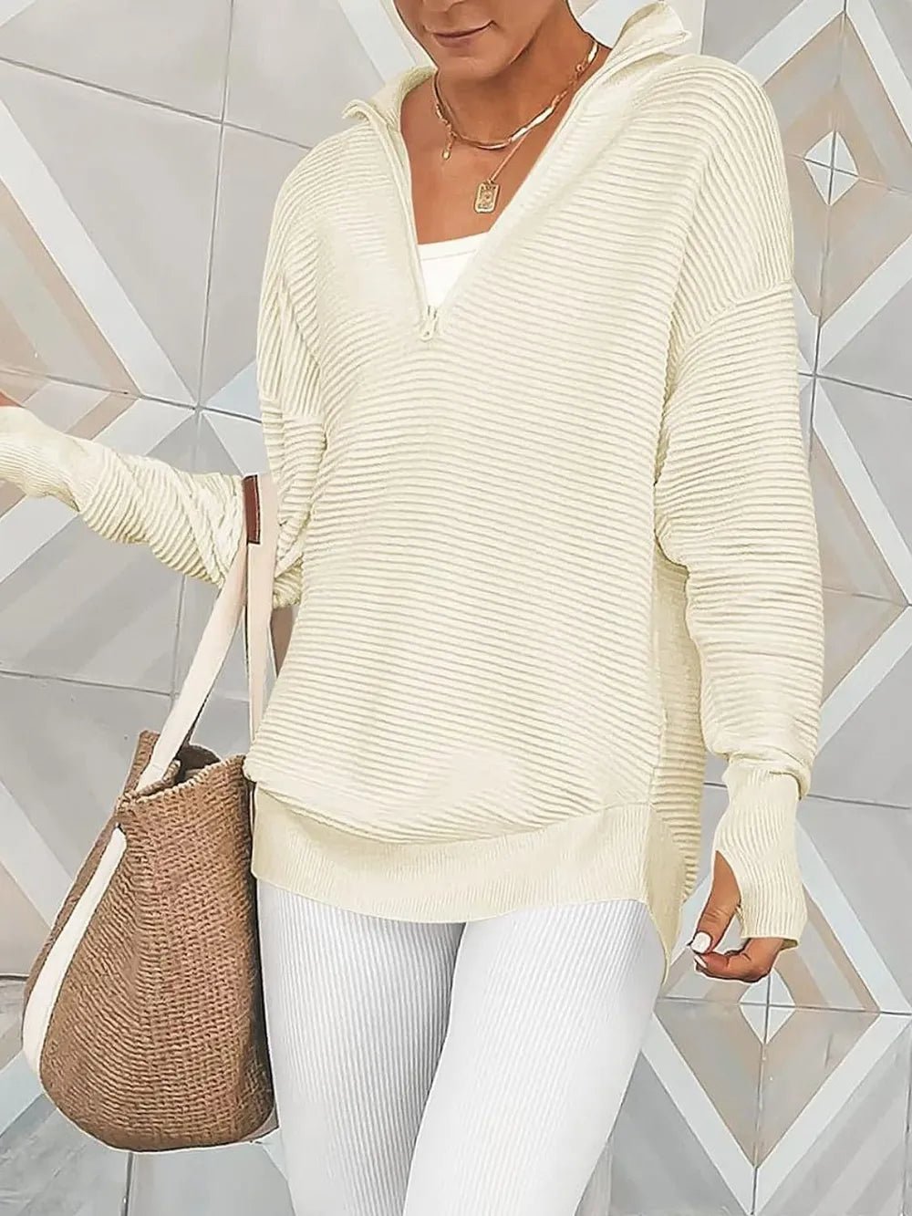 Half Zip Long Sleeve Knit Top - MAD RUFFI