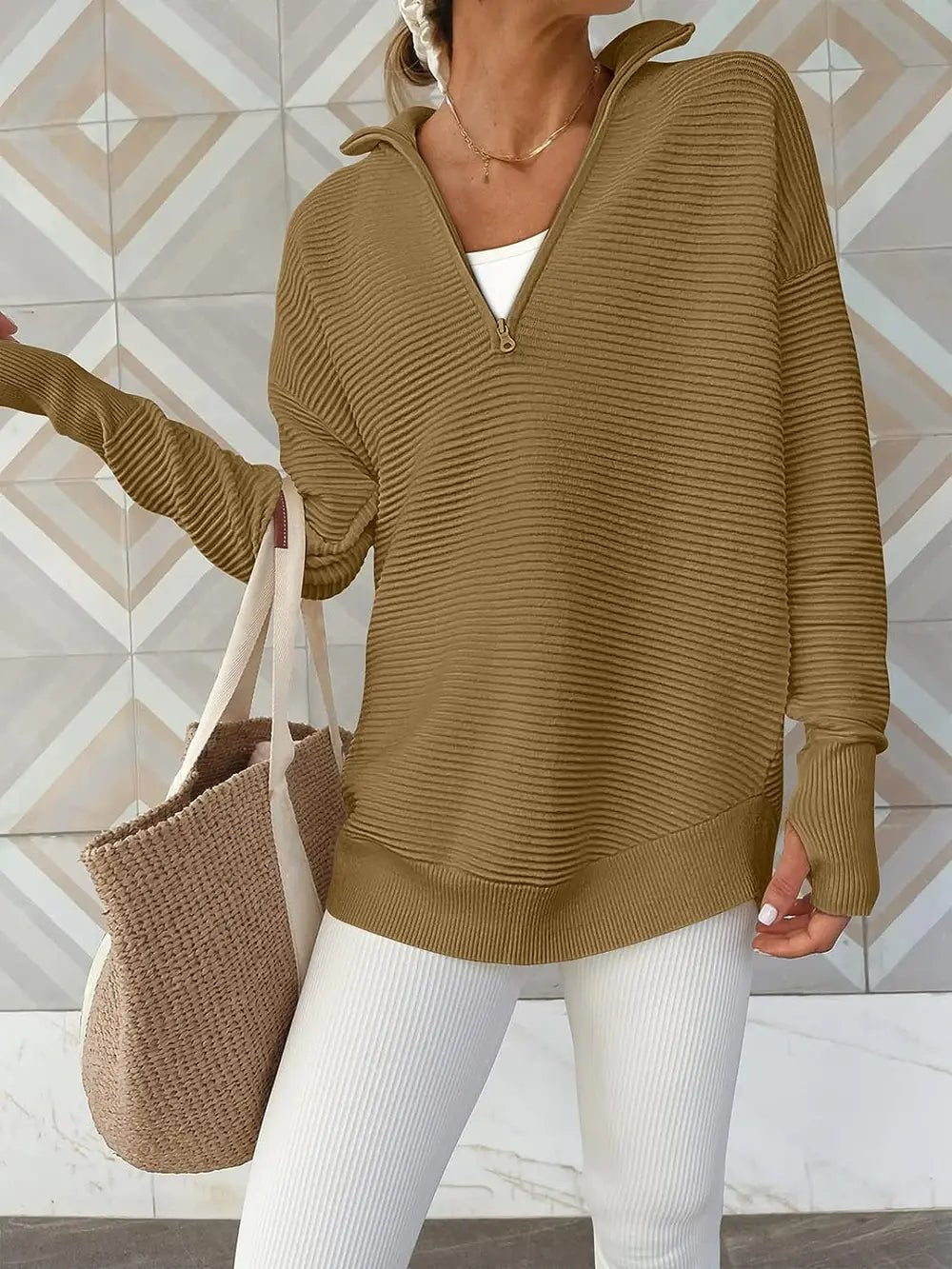 Half Zip Long Sleeve Knit Top - MAD RUFFI