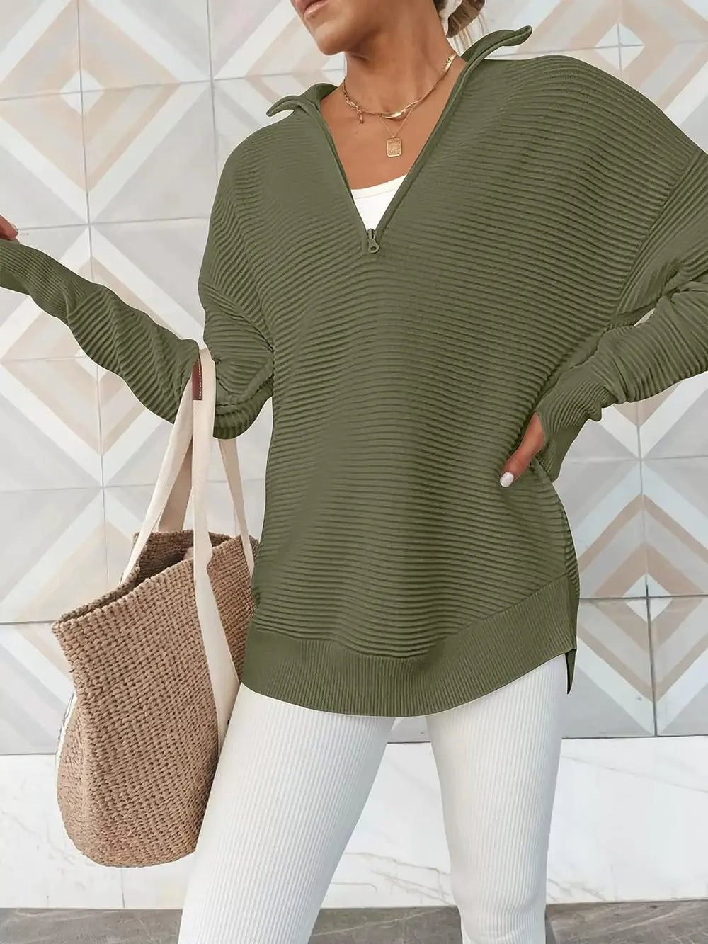 Half Zip Long Sleeve Knit Top - MAD RUFFI