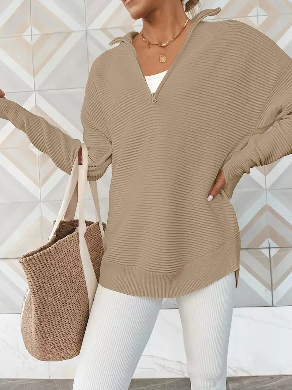 Half Zip Long Sleeve Knit Top - MAD RUFFI