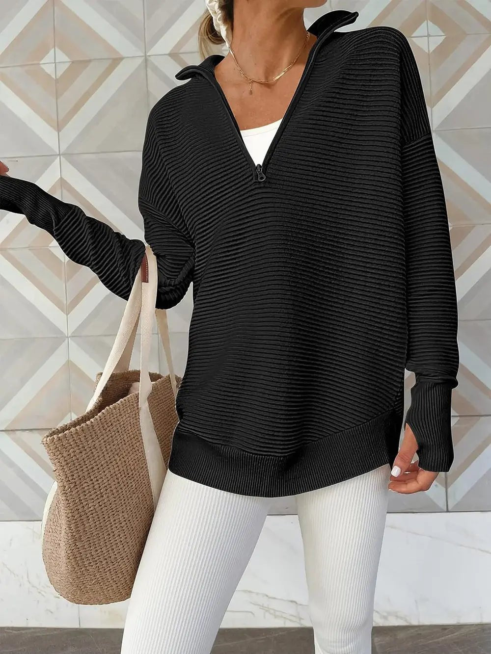 Half Zip Long Sleeve Knit Top - MAD RUFFI