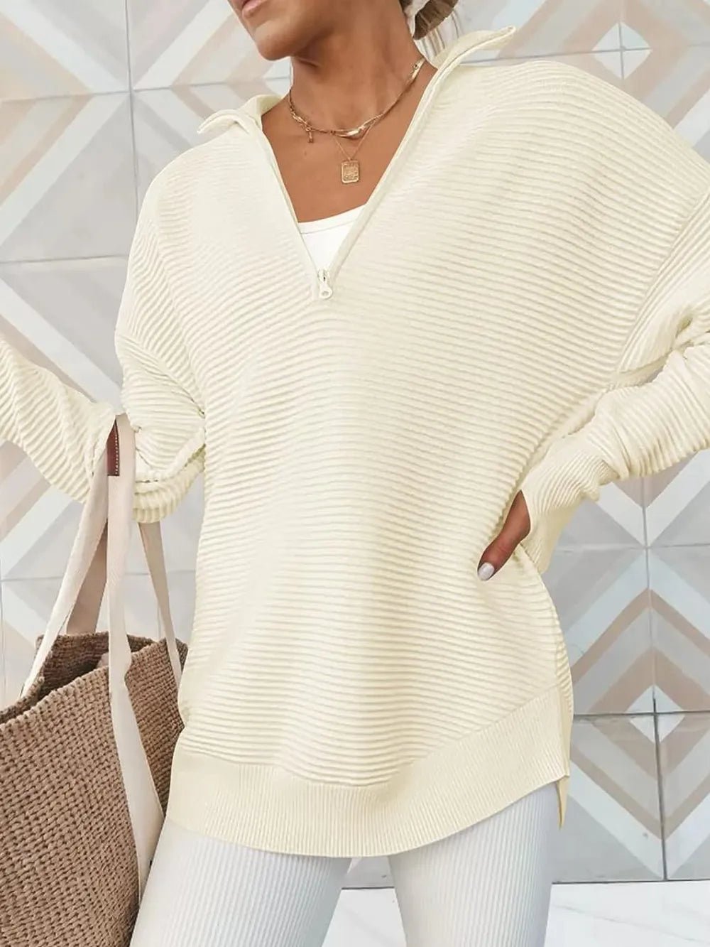 Half Zip Long Sleeve Knit Top - MAD RUFFI