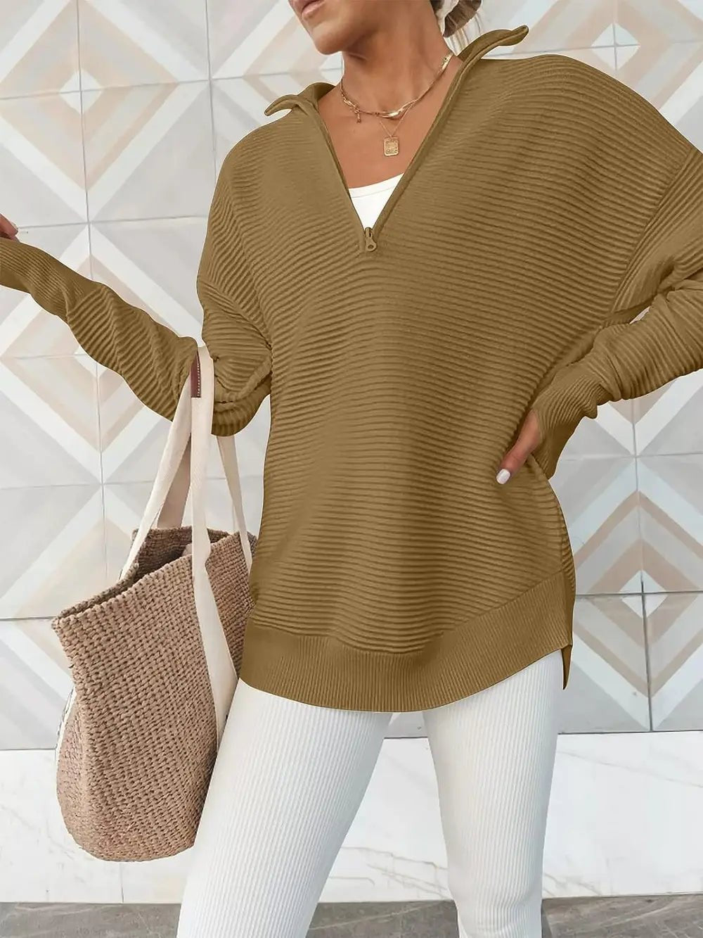 Half Zip Long Sleeve Knit Top - MAD RUFFI