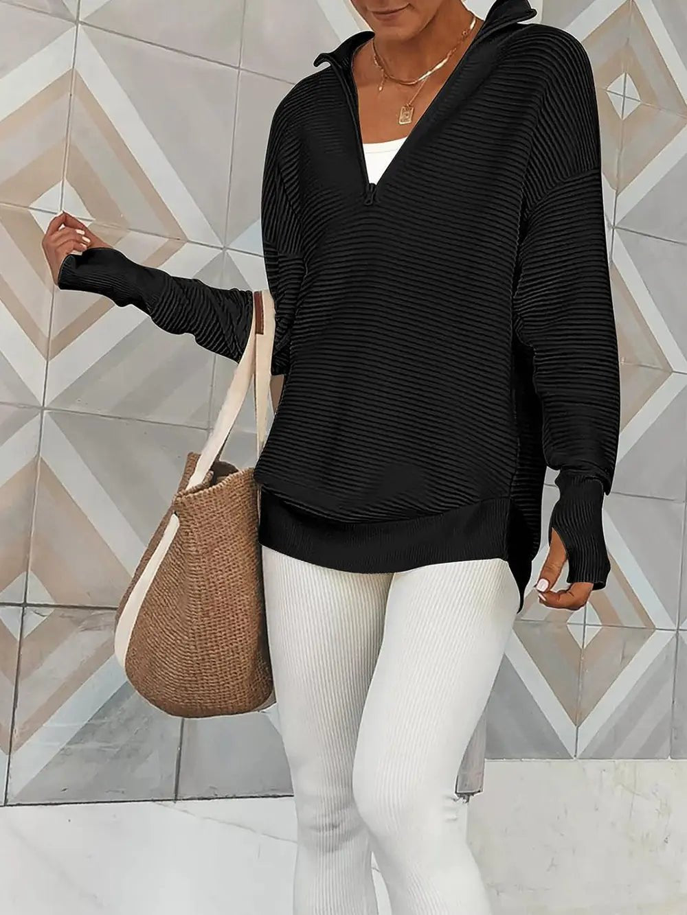 Half Zip Long Sleeve Knit Top - MAD RUFFI