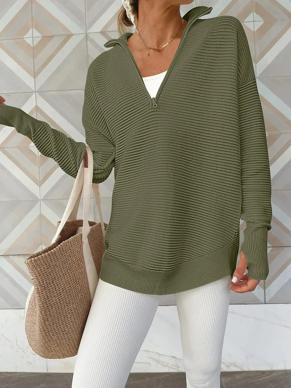 Half Zip Long Sleeve Knit Top - MAD RUFFI