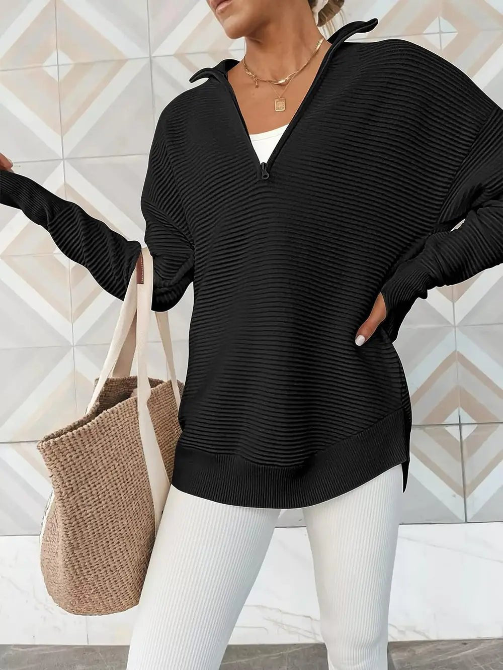 Half Zip Long Sleeve Knit Top - MAD RUFFI