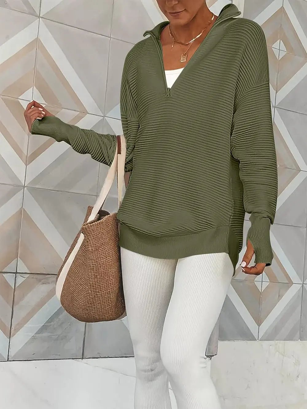 Half Zip Long Sleeve Knit Top - MAD RUFFI