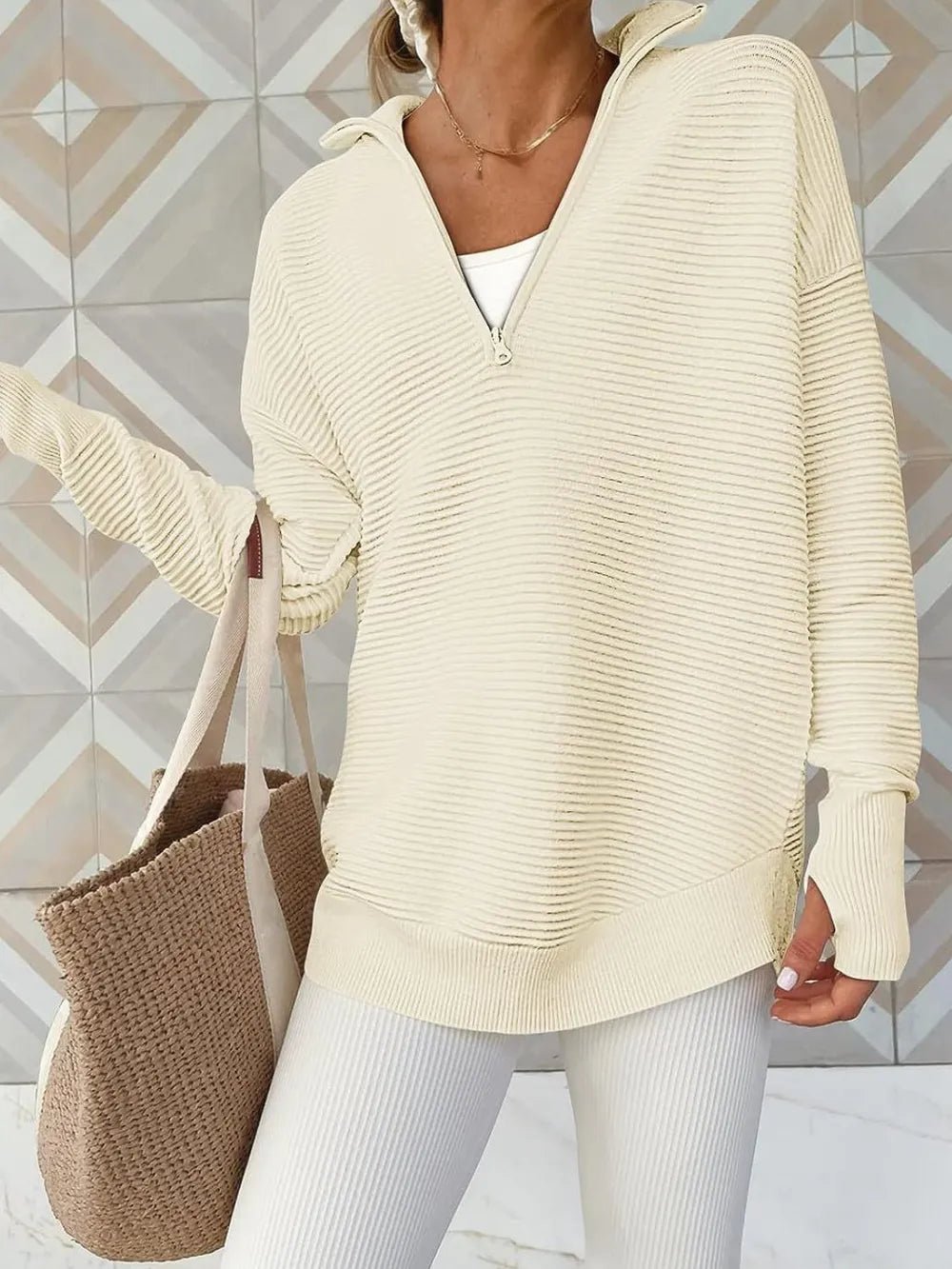 Half Zip Long Sleeve Knit Top - MAD RUFFI