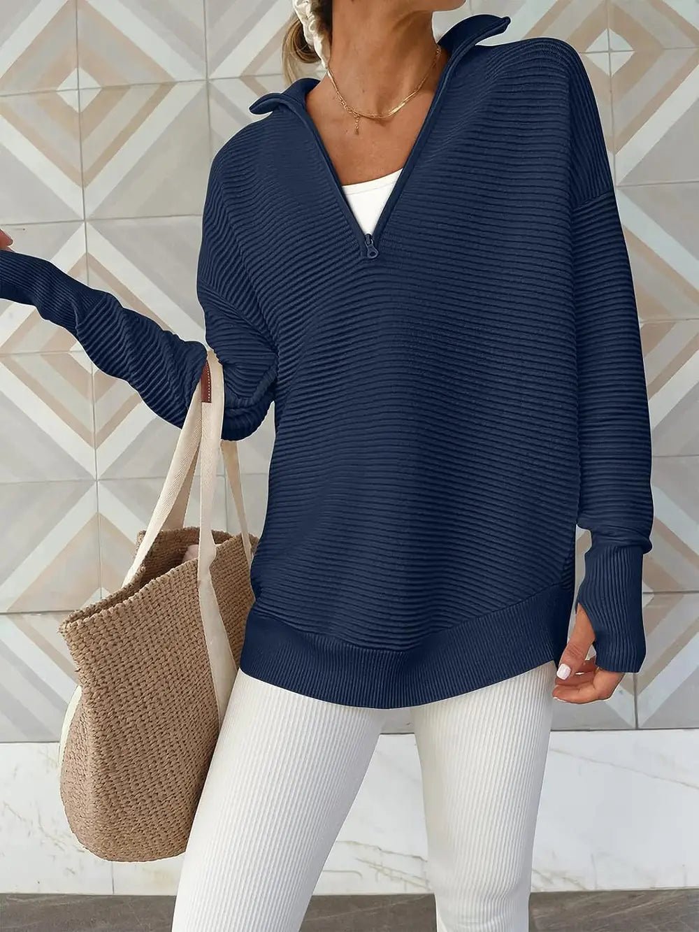 Half Zip Long Sleeve Knit Top - MAD RUFFI