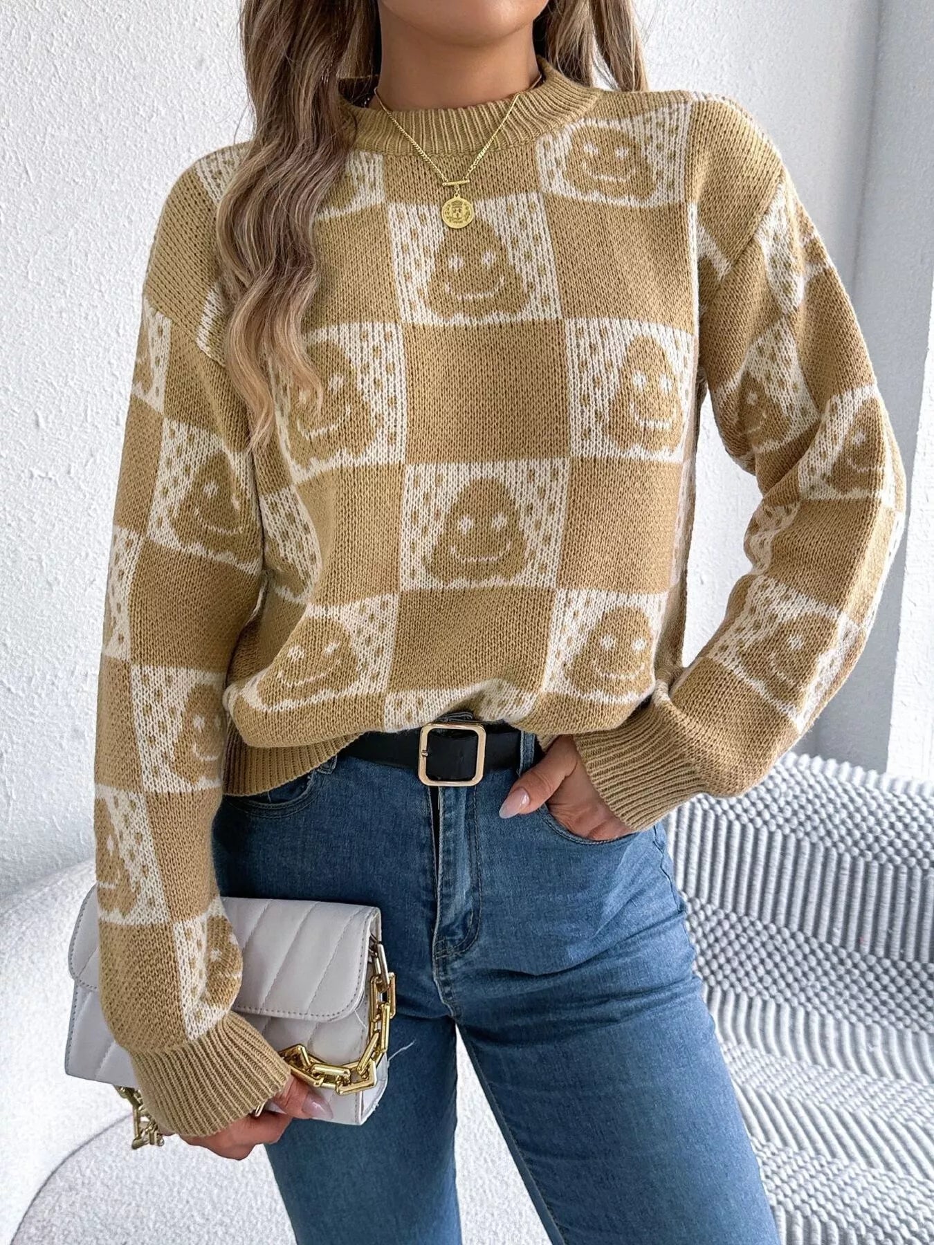 Halloween Ghost Pattern Checkered Round Neck Sweater - MAD RUFFI