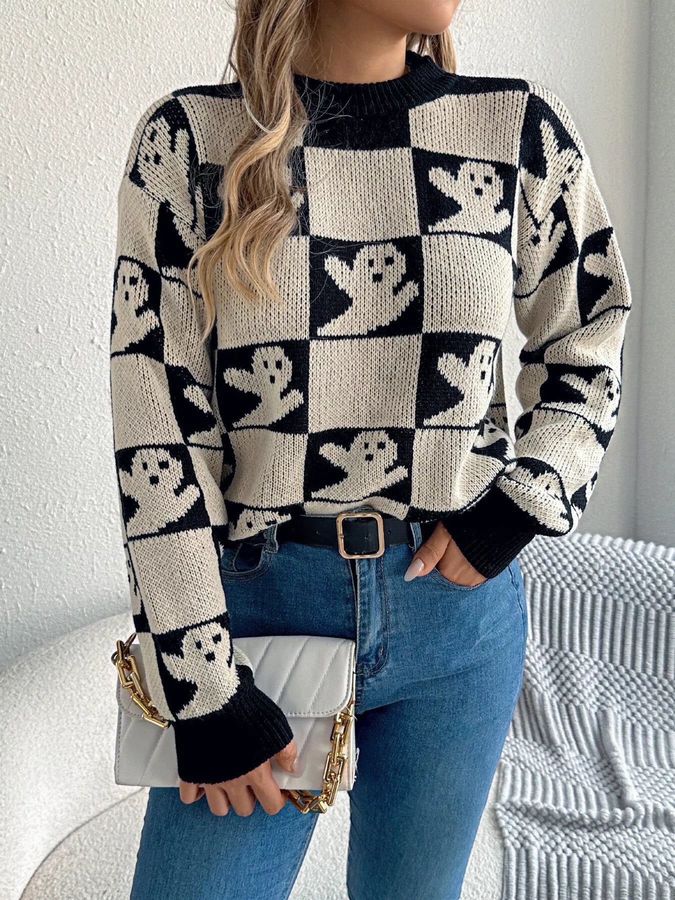 Halloween Ghost Pattern Checkered Round Neck Sweater - MAD RUFFI