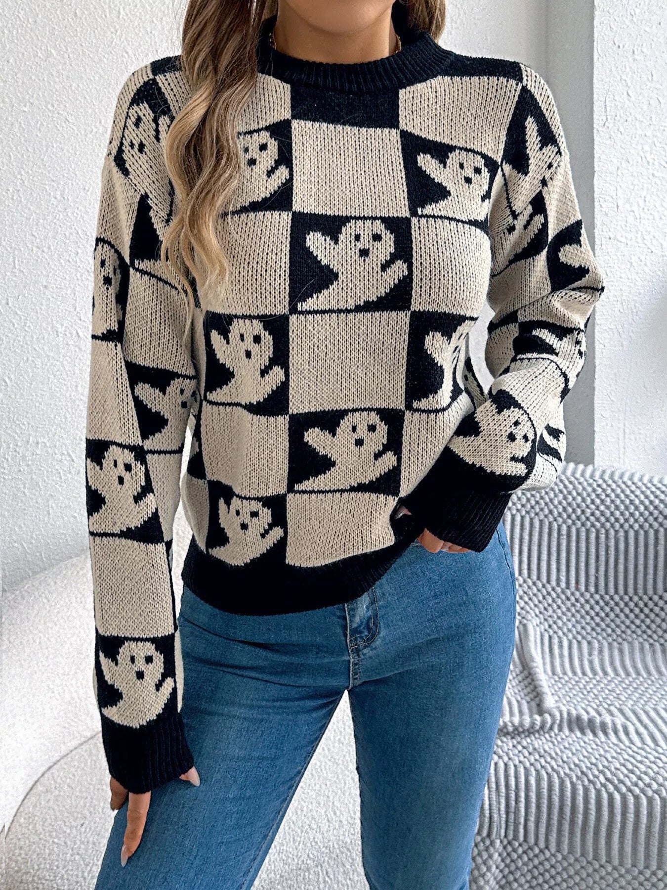 Halloween Ghost Pattern Checkered Round Neck Sweater - MAD RUFFI