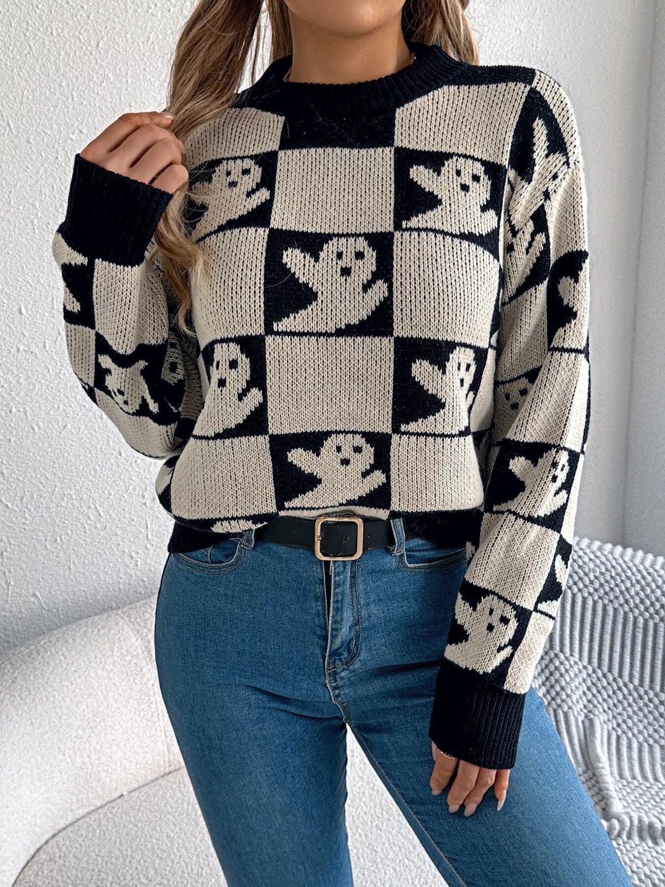 Halloween Ghost Pattern Checkered Round Neck Sweater - MAD RUFFI