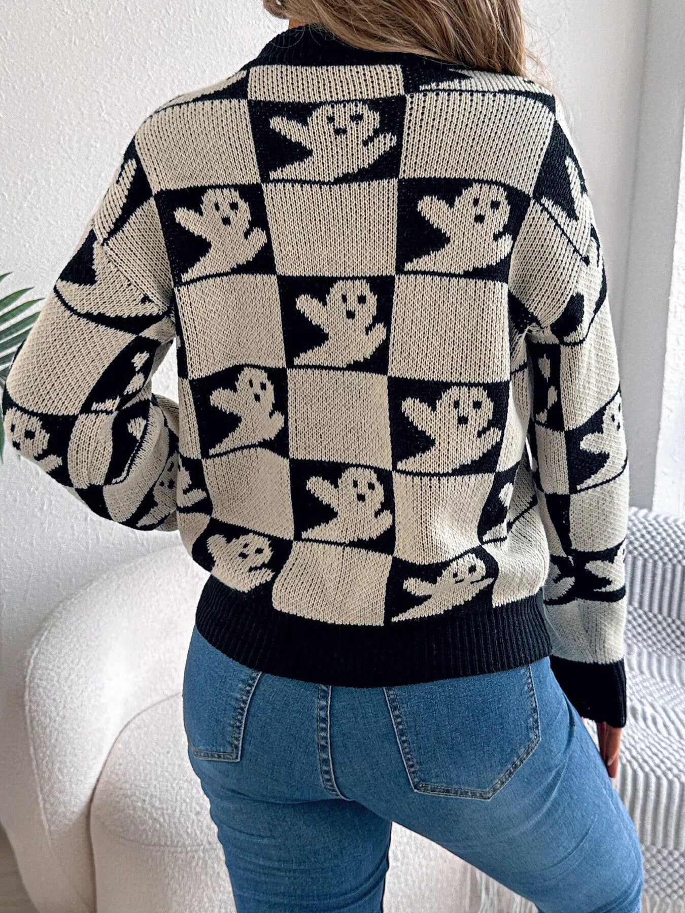 Halloween Ghost Pattern Checkered Round Neck Sweater - MAD RUFFI