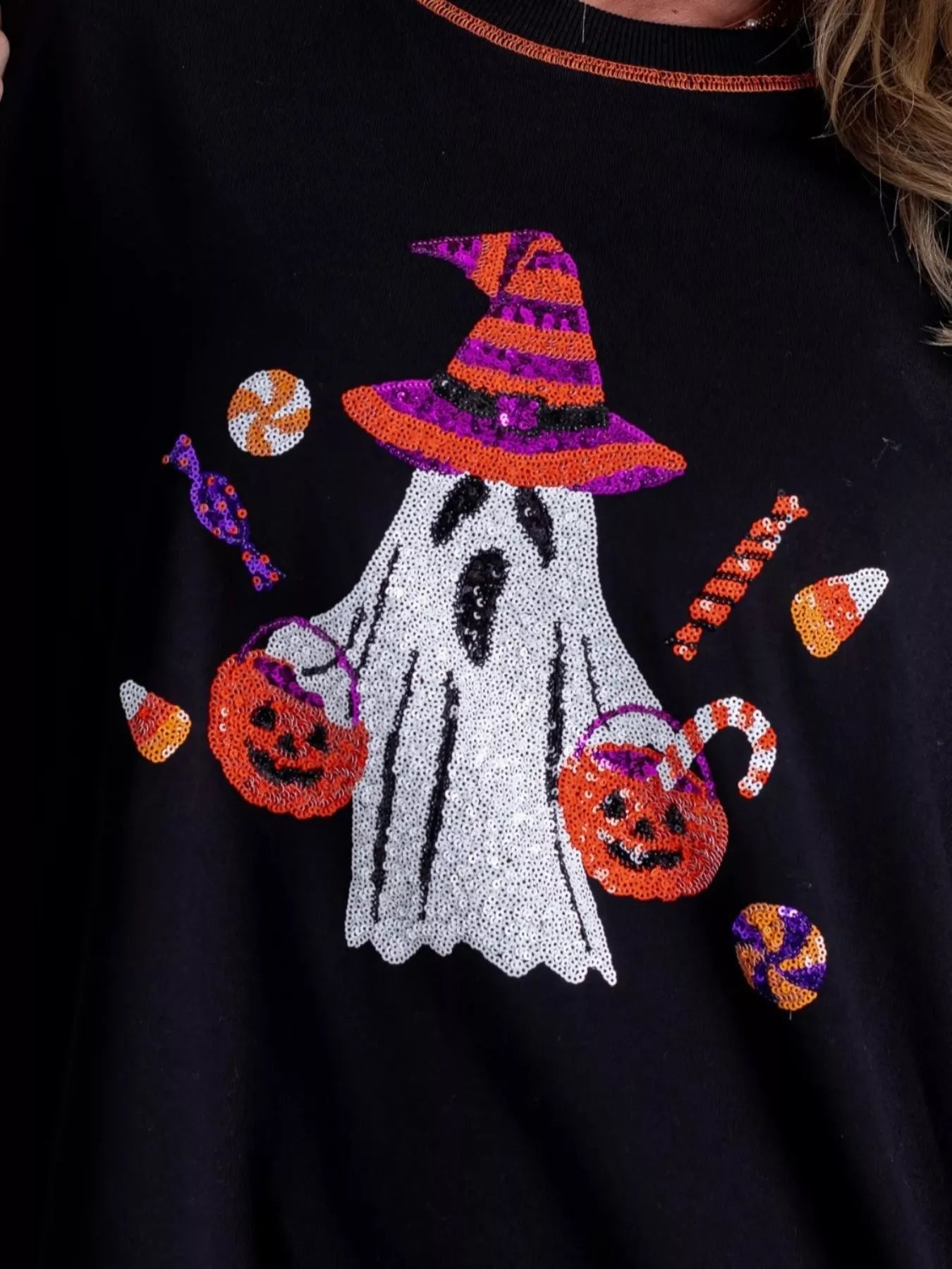 Halloween Ghost Sequin Exposed Seam Sweatshirt - MAD RUFFI