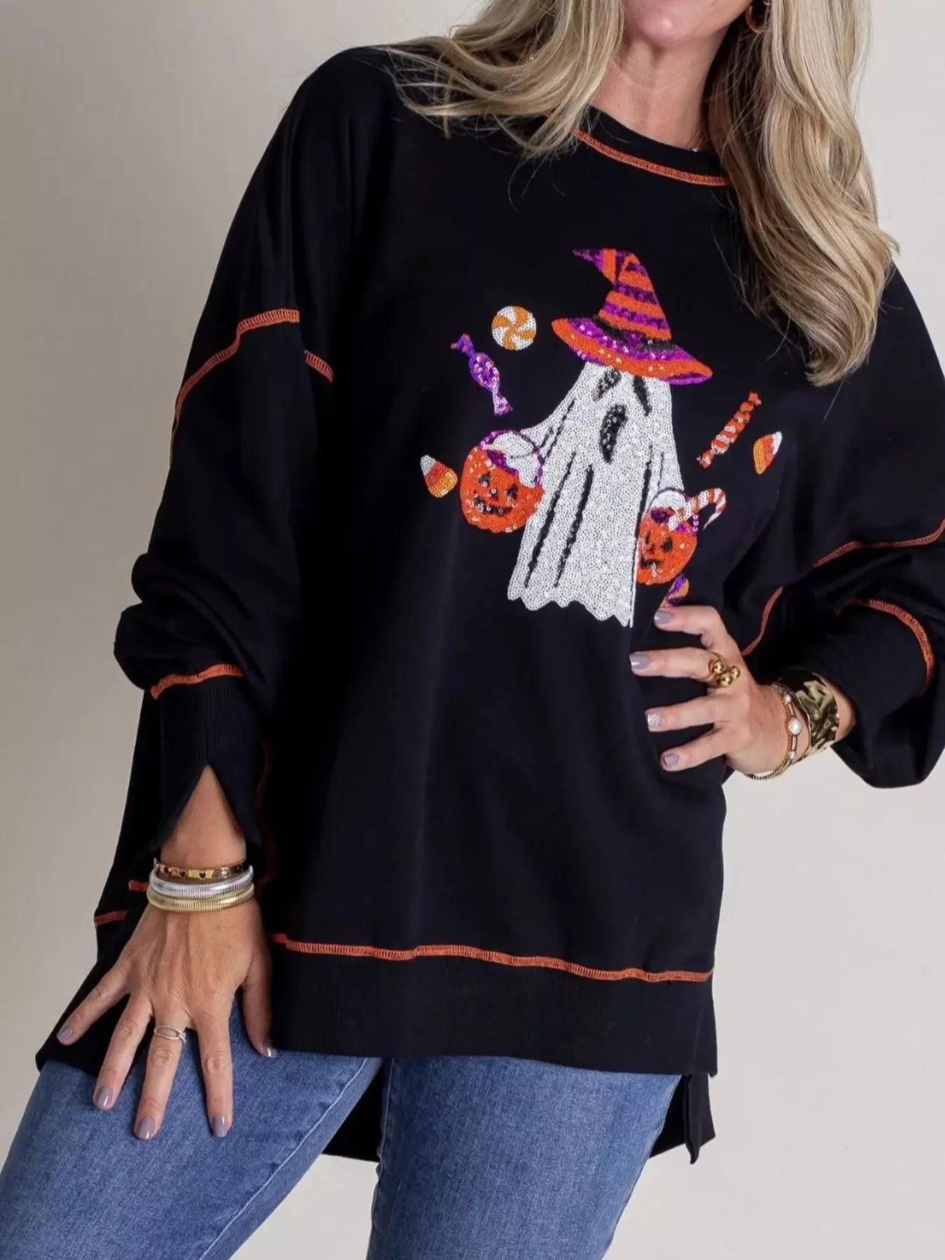 Halloween Ghost Sequin Exposed Seam Sweatshirt - MAD RUFFI