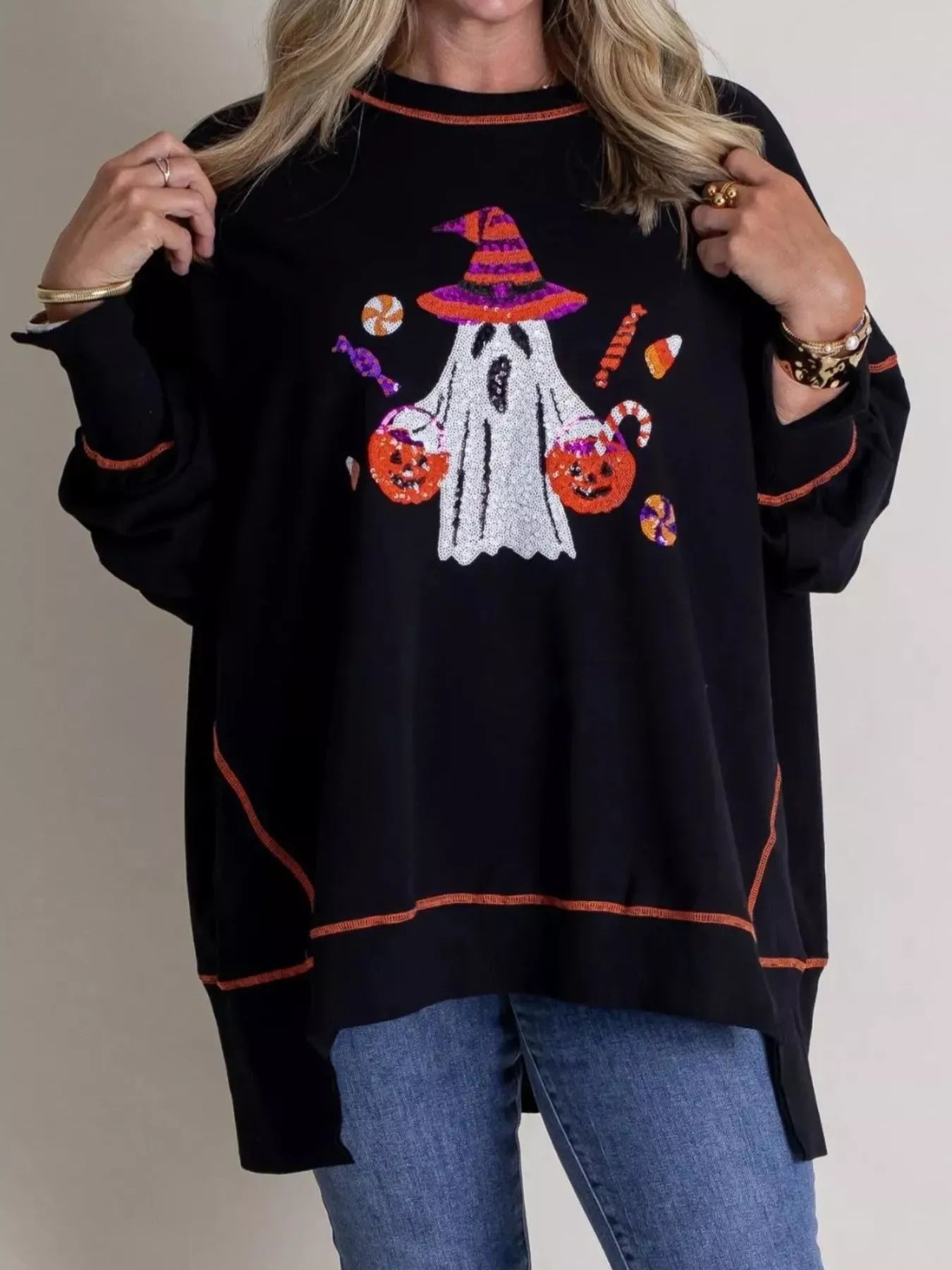 Halloween Ghost Sequin Exposed Seam Sweatshirt - MAD RUFFI