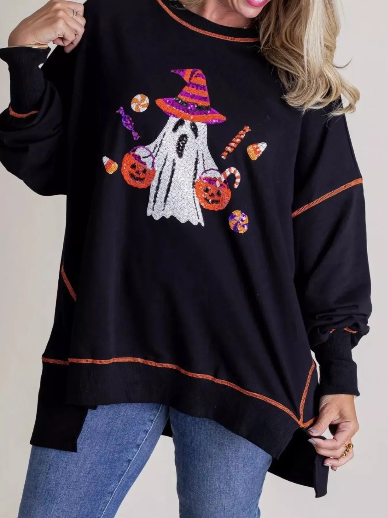 Halloween Ghost Sequin Exposed Seam Sweatshirt - MAD RUFFI
