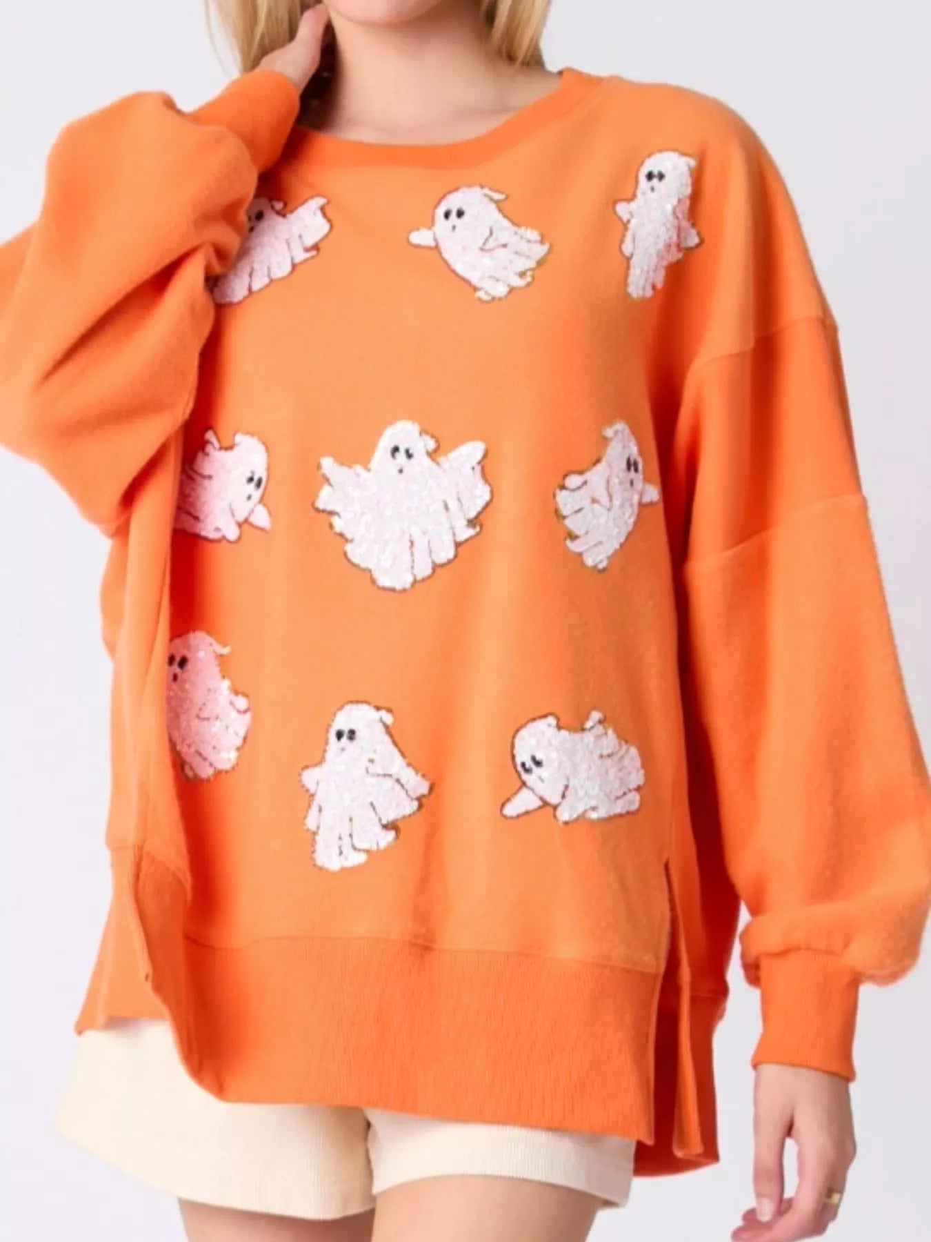 Halloween Sequin Ghost Oversized Sweatshirt - MAD RUFFI
