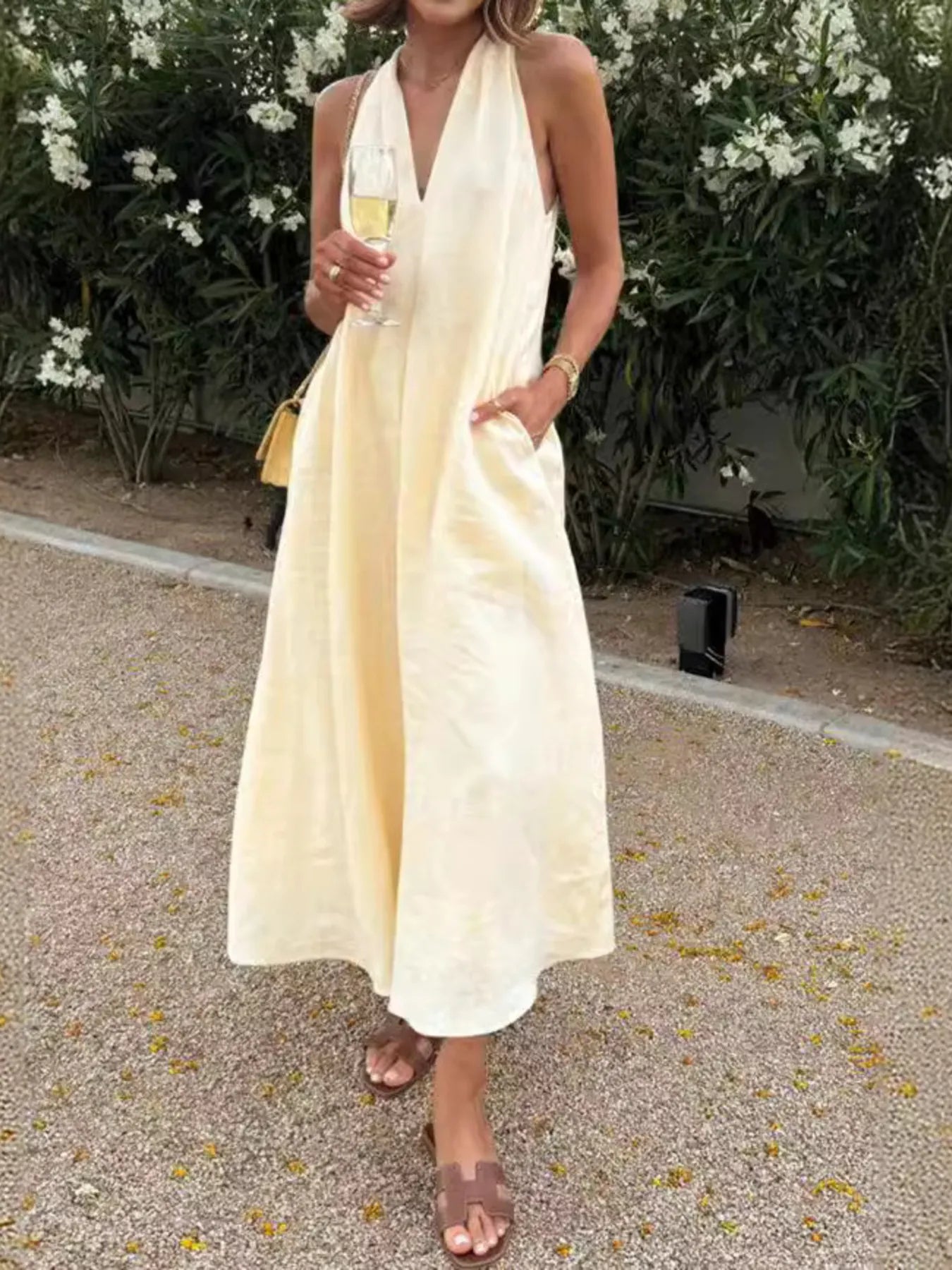 Halter V - Neck Linen Midi Dress - MAD RUFFI