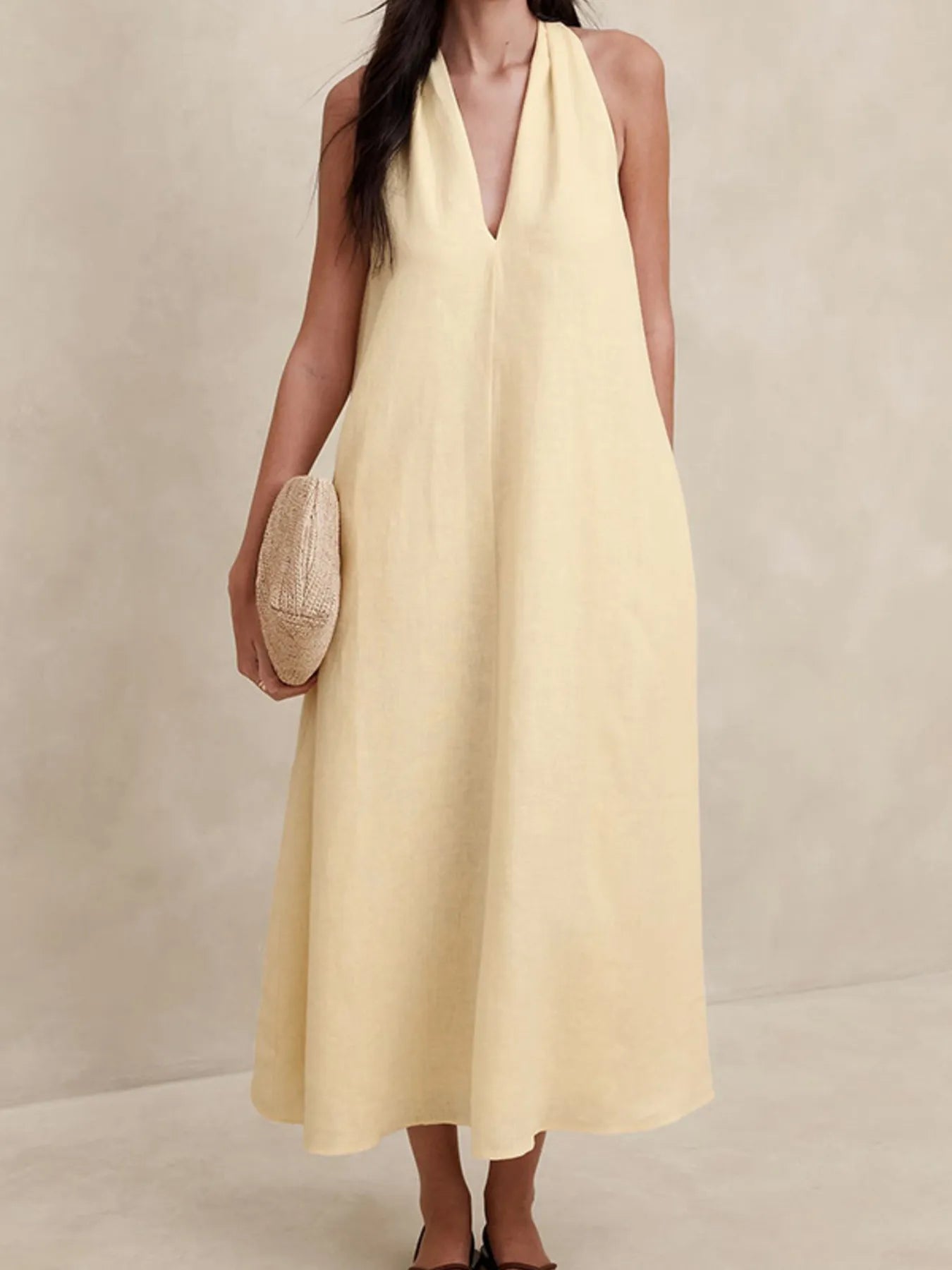 Halter V - Neck Linen Midi Dress - MAD RUFFI