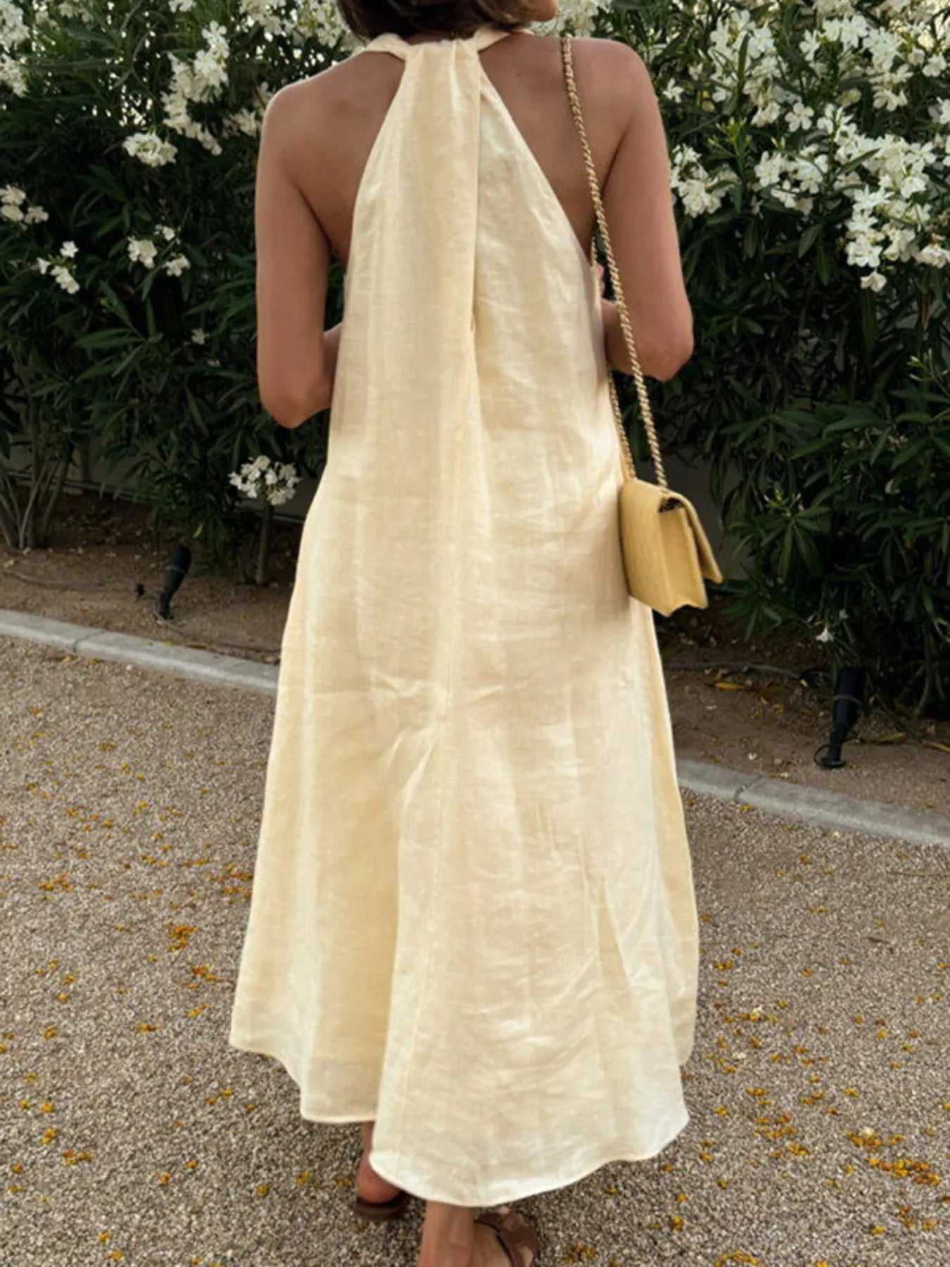 Halter V - Neck Linen Midi Dress - MAD RUFFI