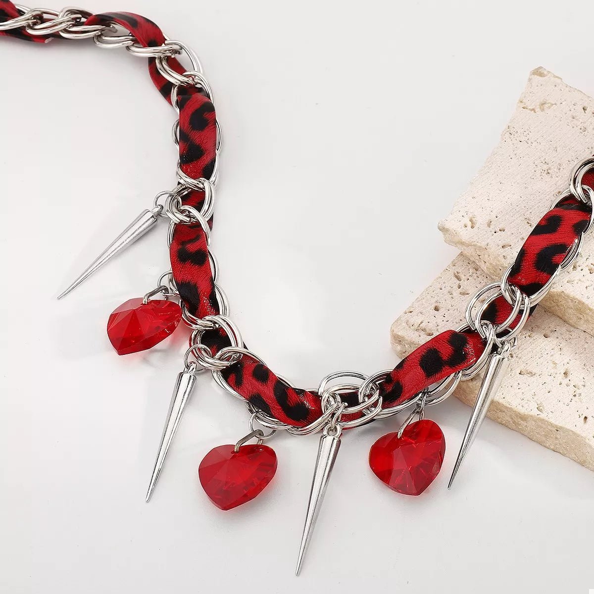 Heart Charm Choker Necklace with Metal Spikes - MAD RUFFI