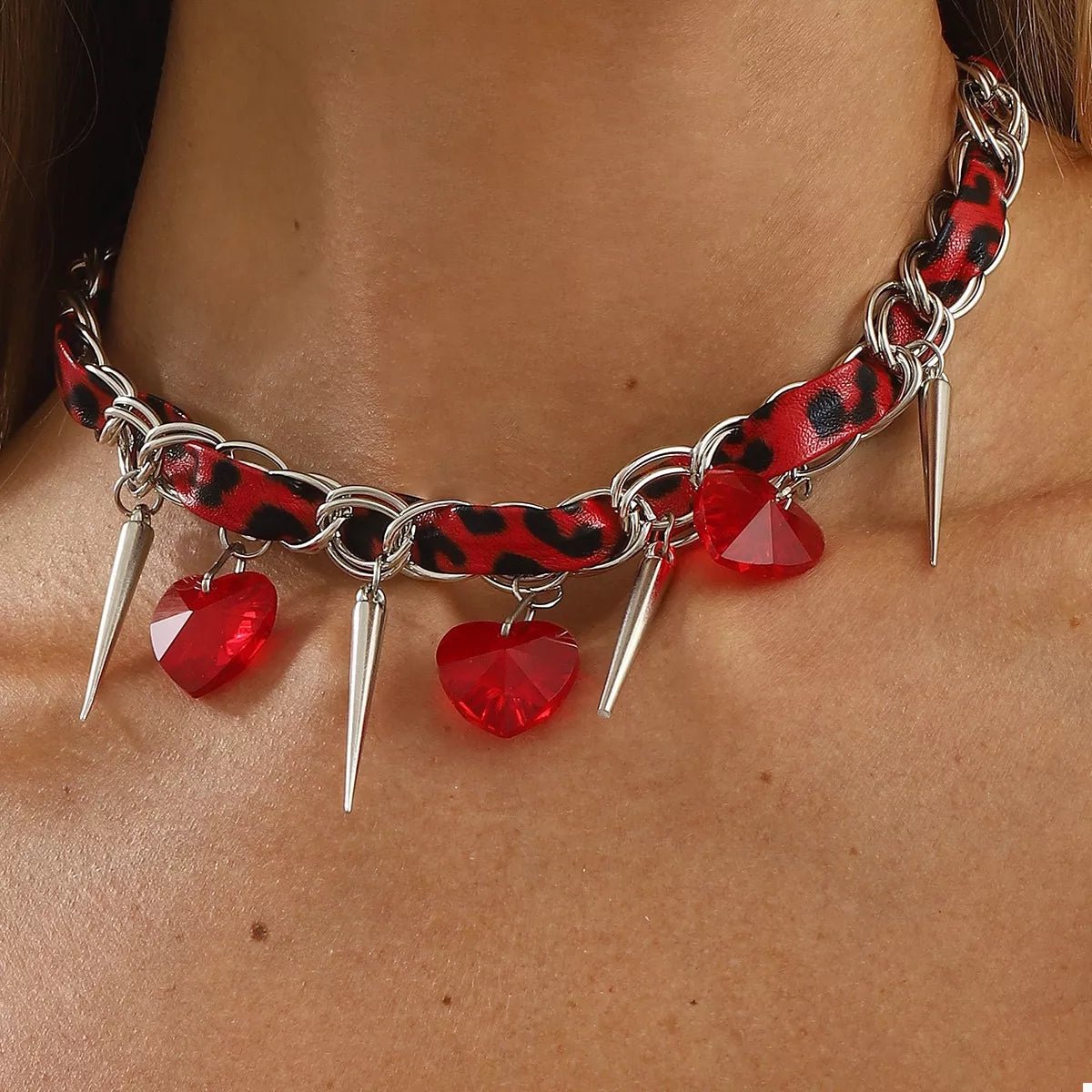 Heart Charm Choker Necklace with Metal Spikes - MAD RUFFI