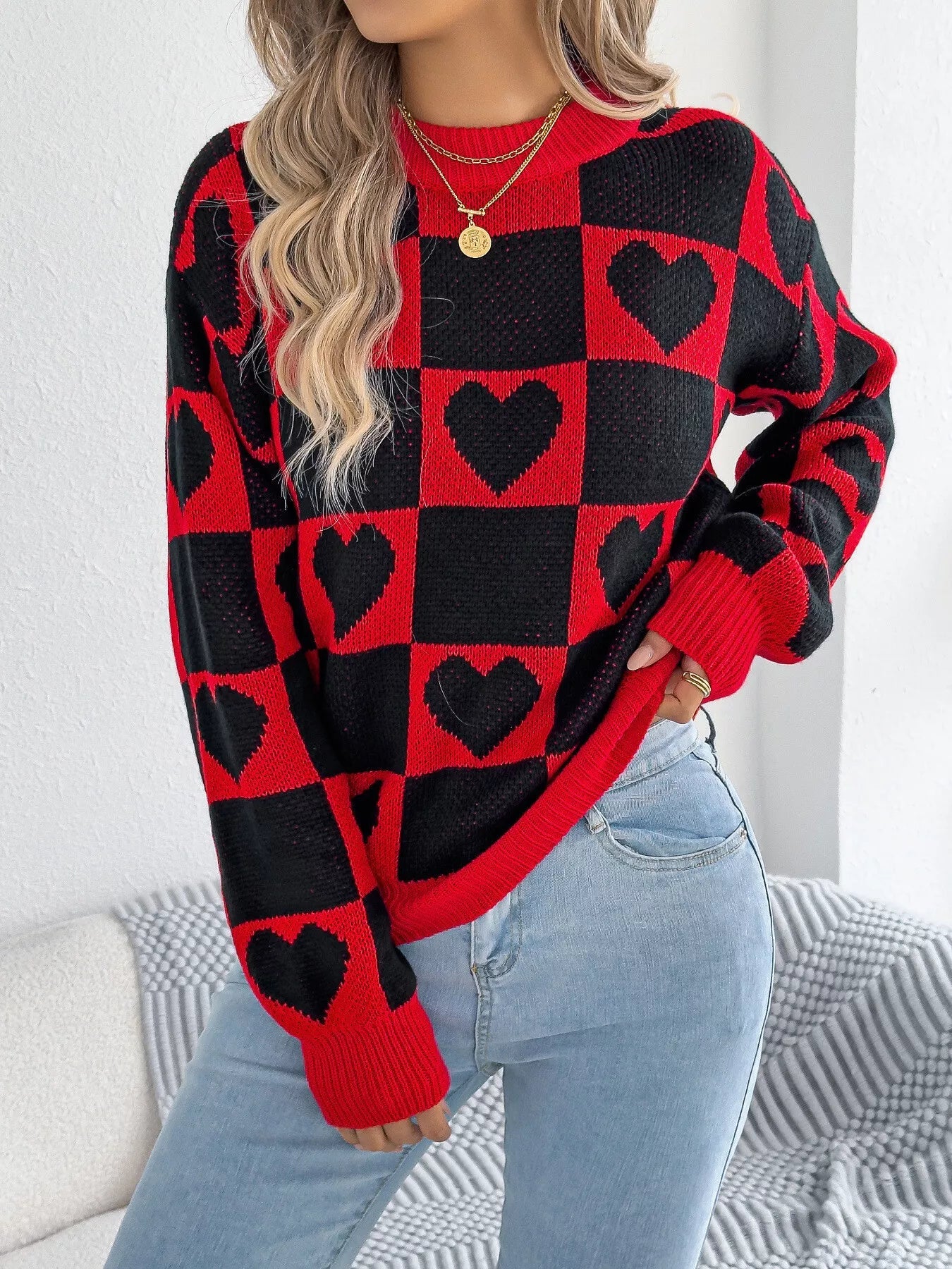 Heart Checkerboard Pattern Round Neck Sweater - MAD RUFFI