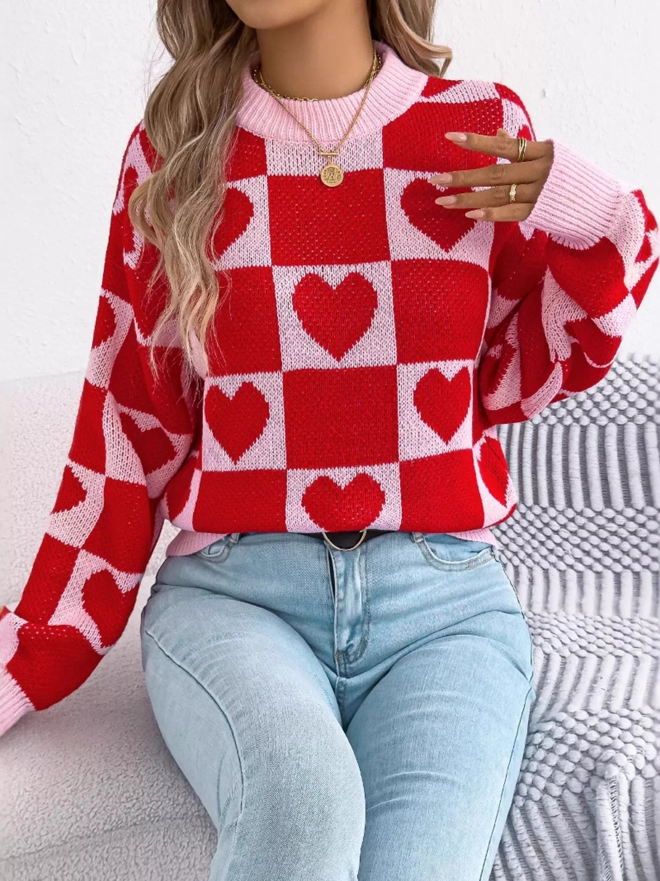 Heart Checkerboard Pattern Round Neck Sweater - MAD RUFFI
