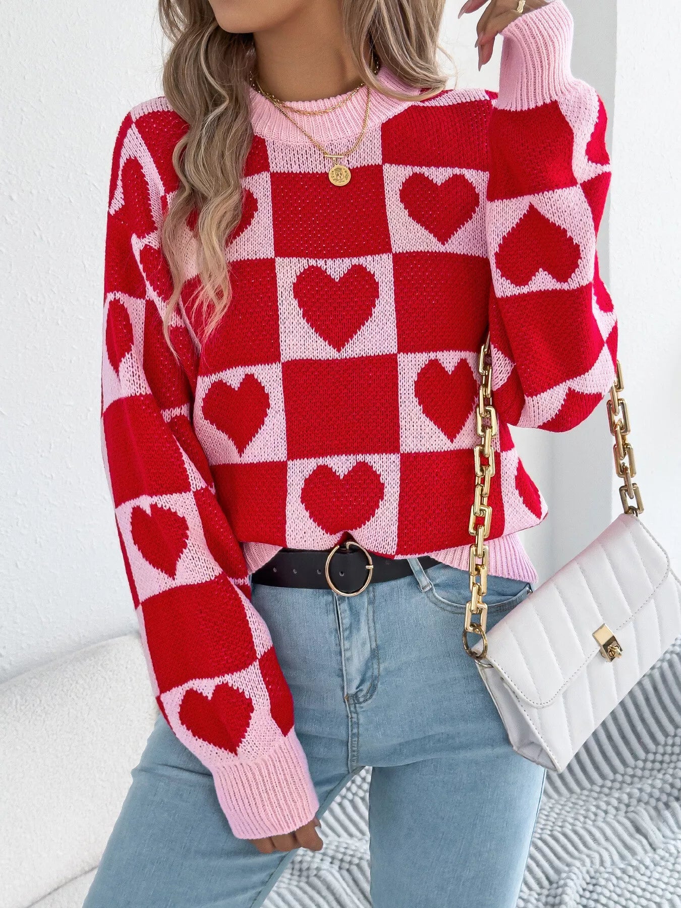 Heart Checkerboard Pattern Round Neck Sweater - MAD RUFFI