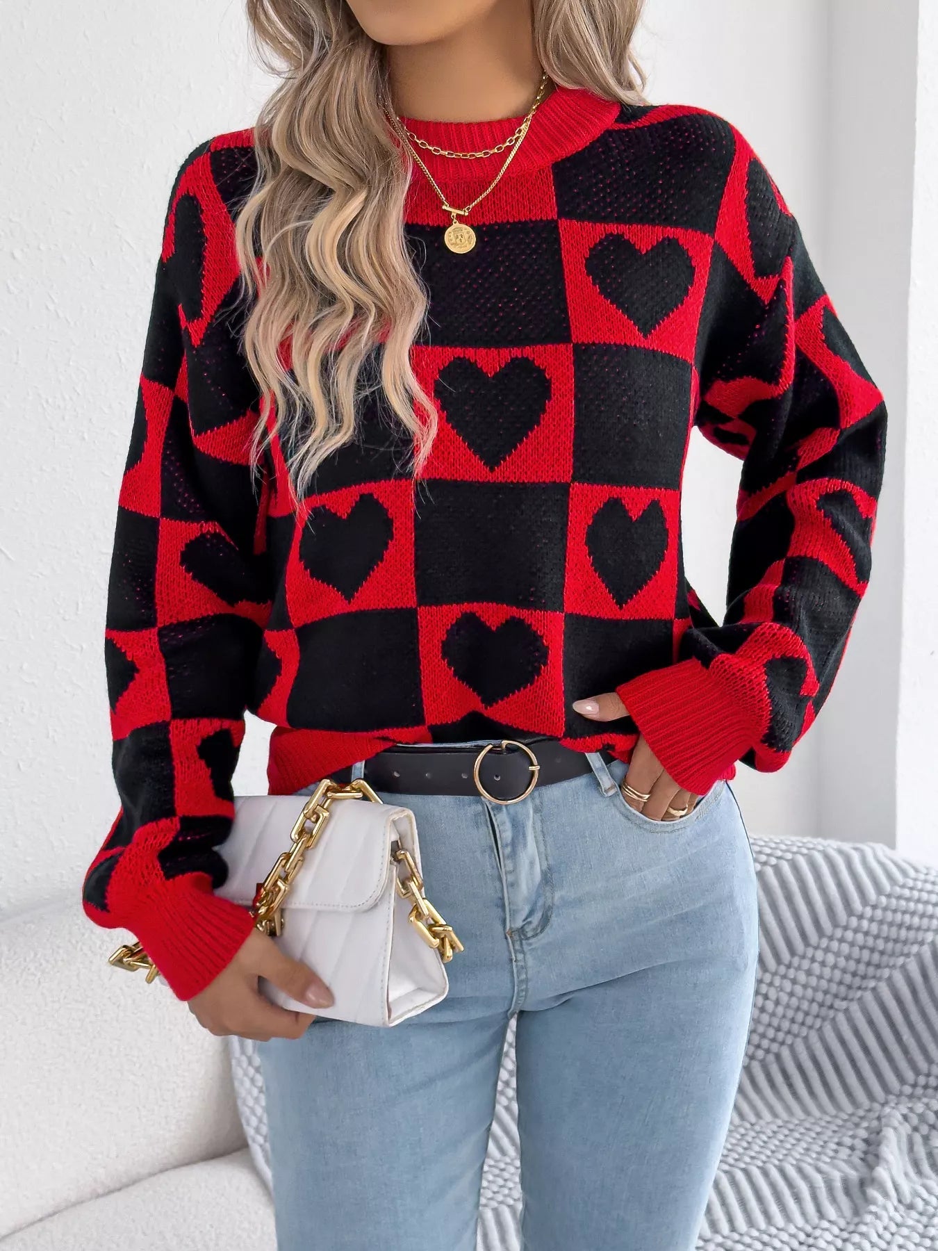 Heart Checkerboard Pattern Round Neck Sweater - MAD RUFFI