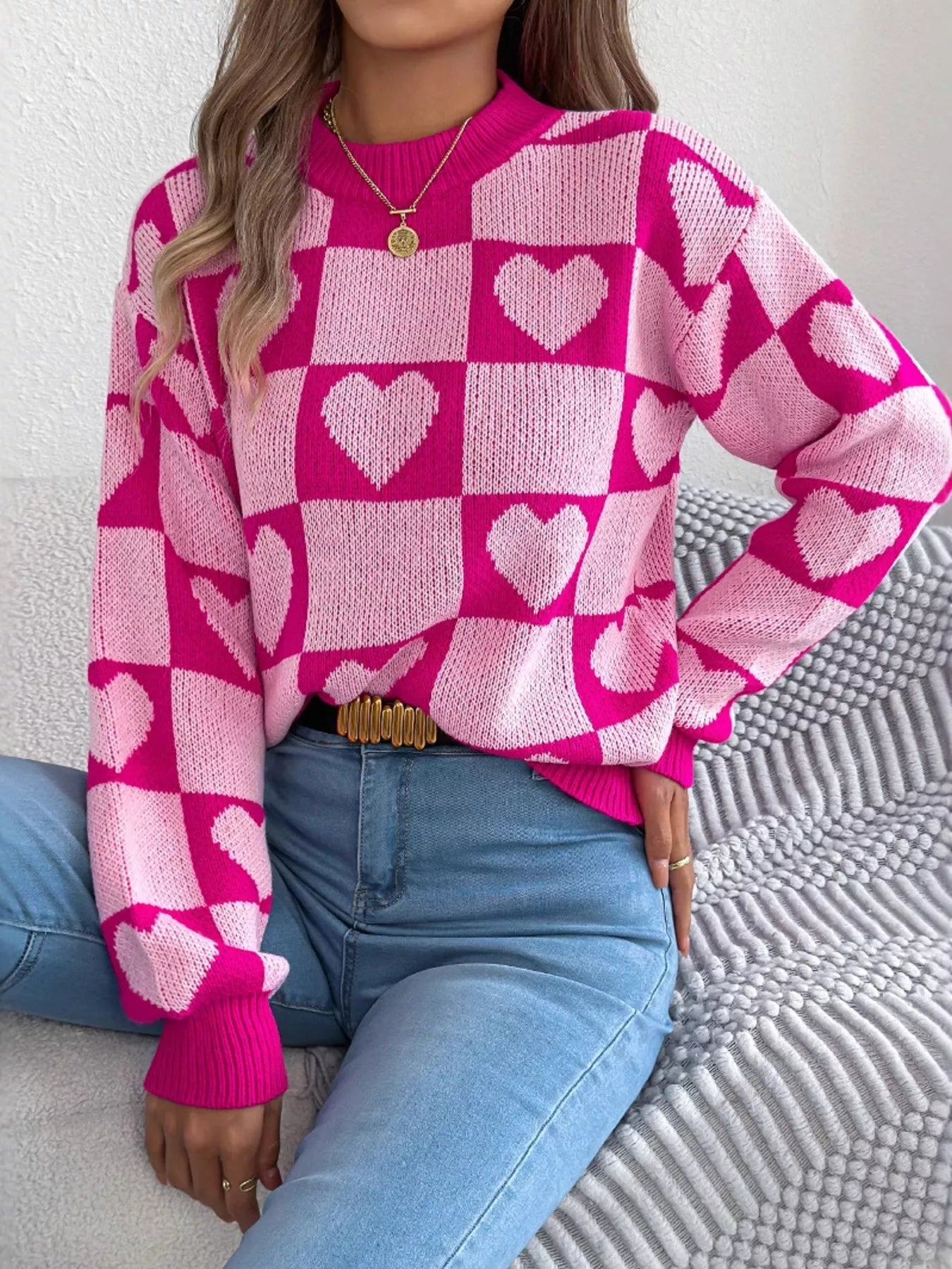 Heart Checkerboard Pattern Round Neck Sweater - MAD RUFFI