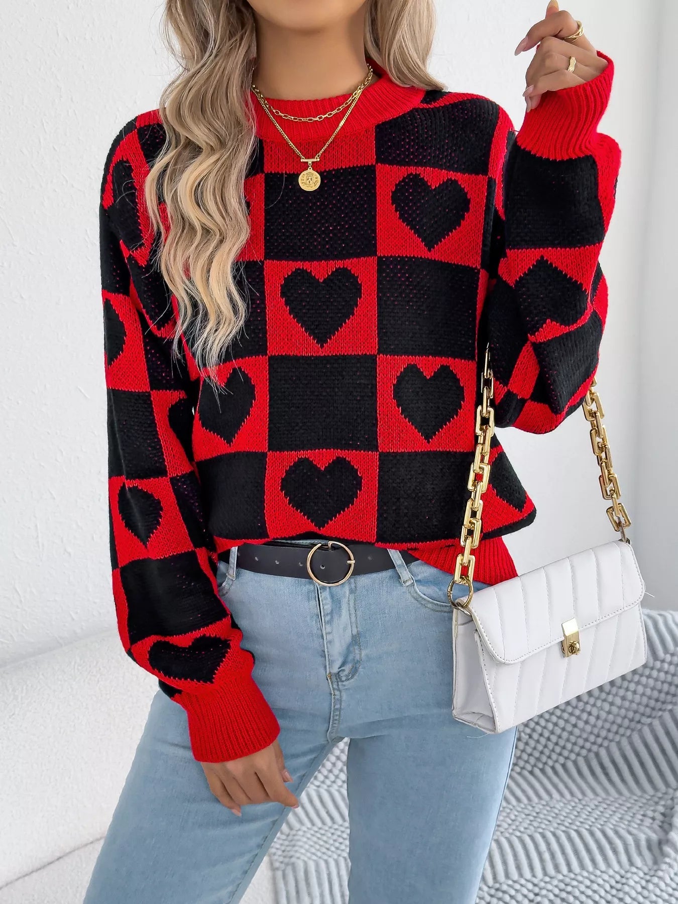Heart Checkerboard Pattern Round Neck Sweater - MAD RUFFI