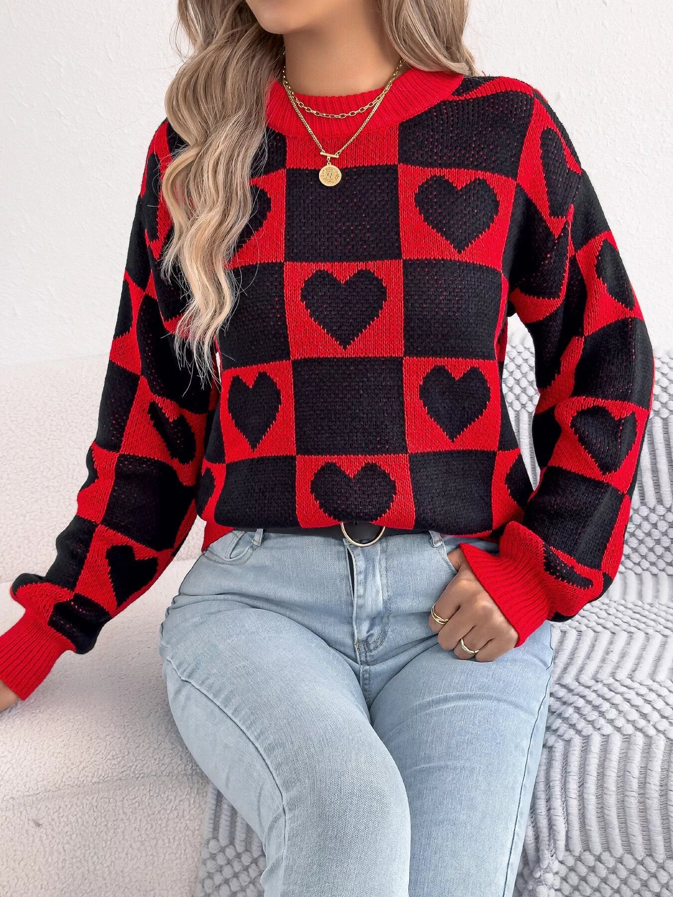 Heart Checkerboard Pattern Round Neck Sweater - MAD RUFFI