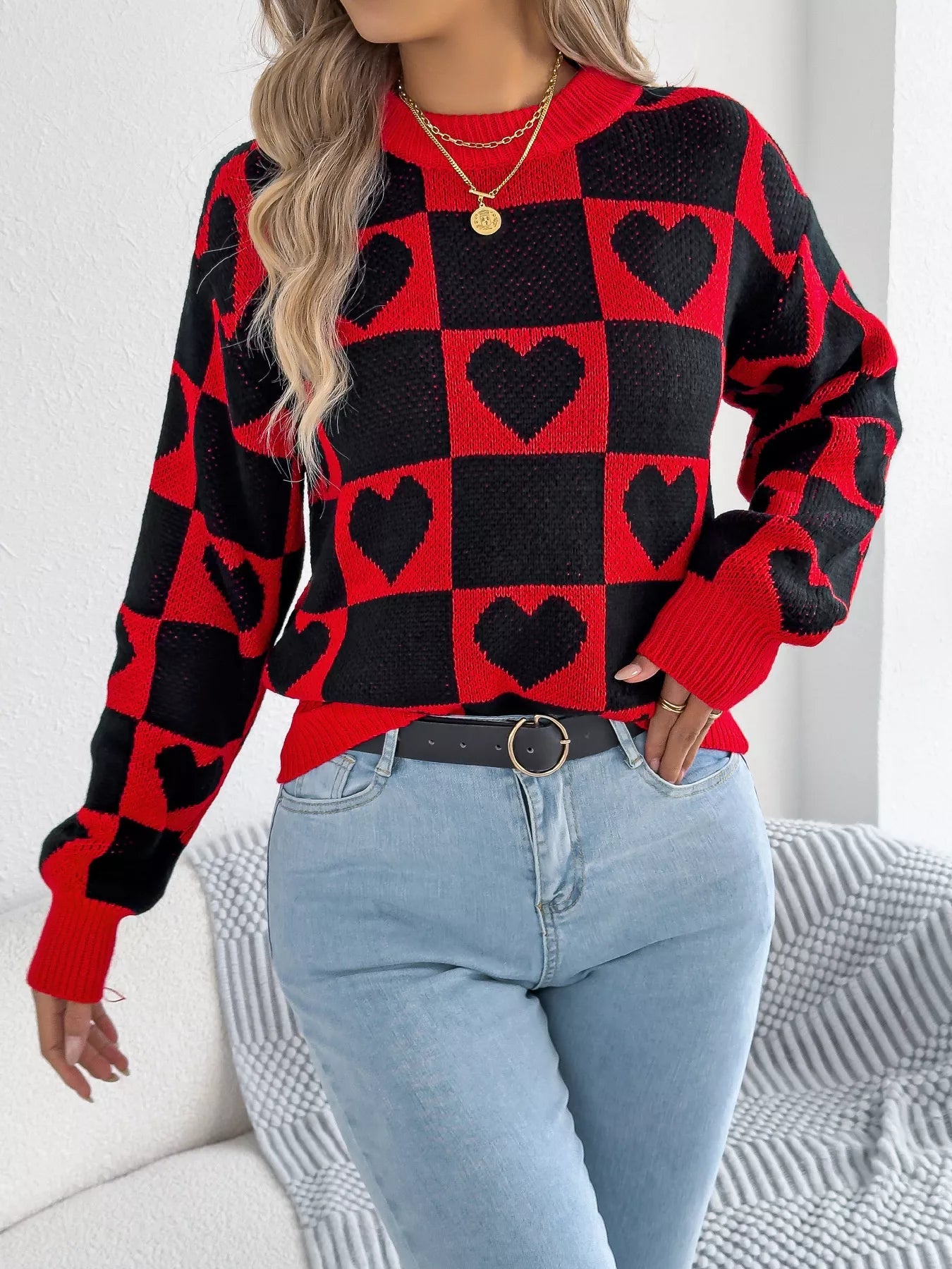 Heart Checkerboard Pattern Round Neck Sweater - MAD RUFFI