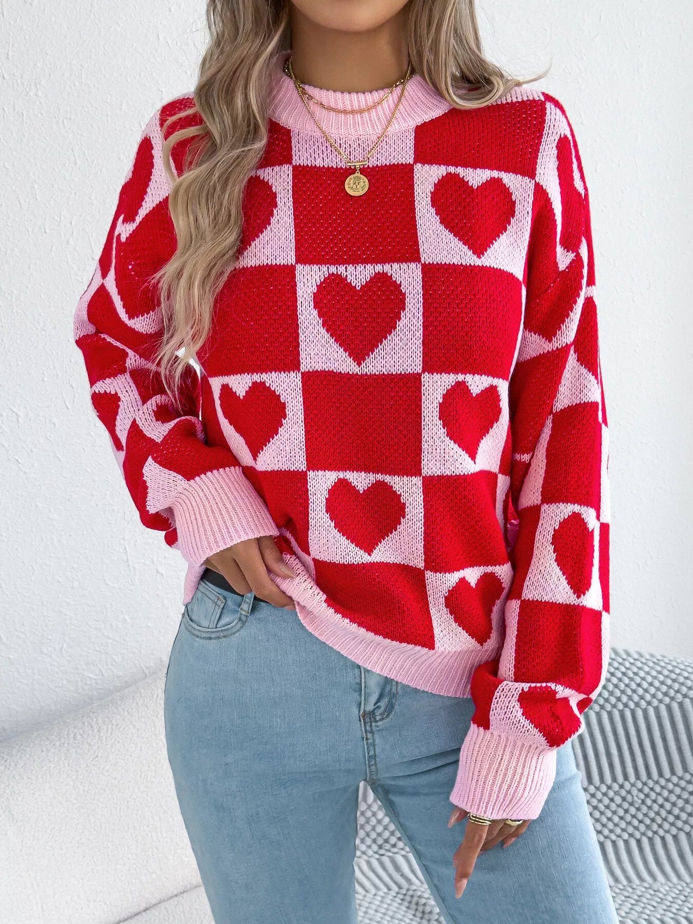 Heart Checkerboard Pattern Round Neck Sweater - MAD RUFFI