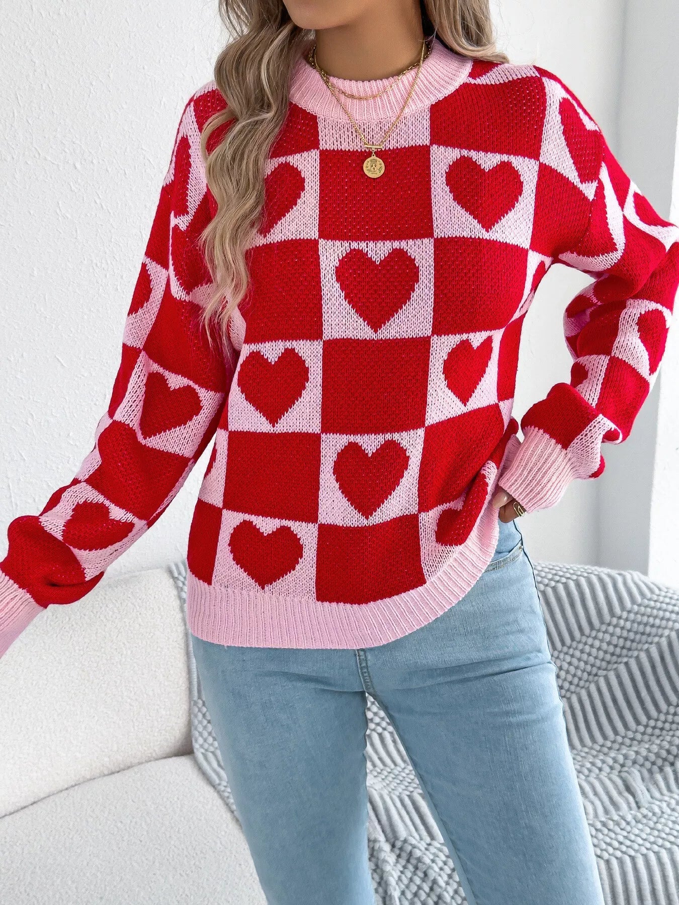 Heart Checkerboard Pattern Round Neck Sweater - MAD RUFFI