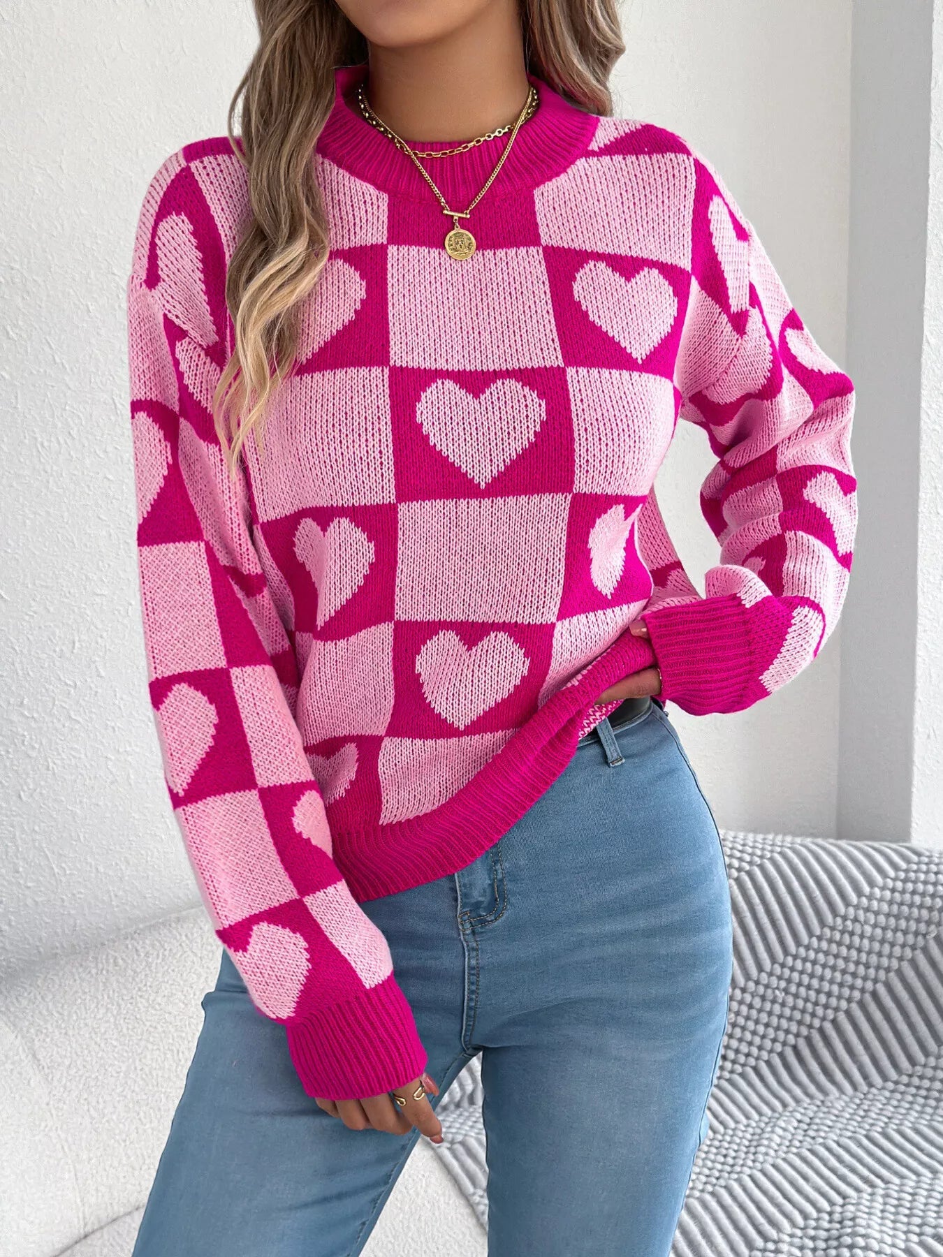 Heart Checkerboard Pattern Round Neck Sweater - MAD RUFFI