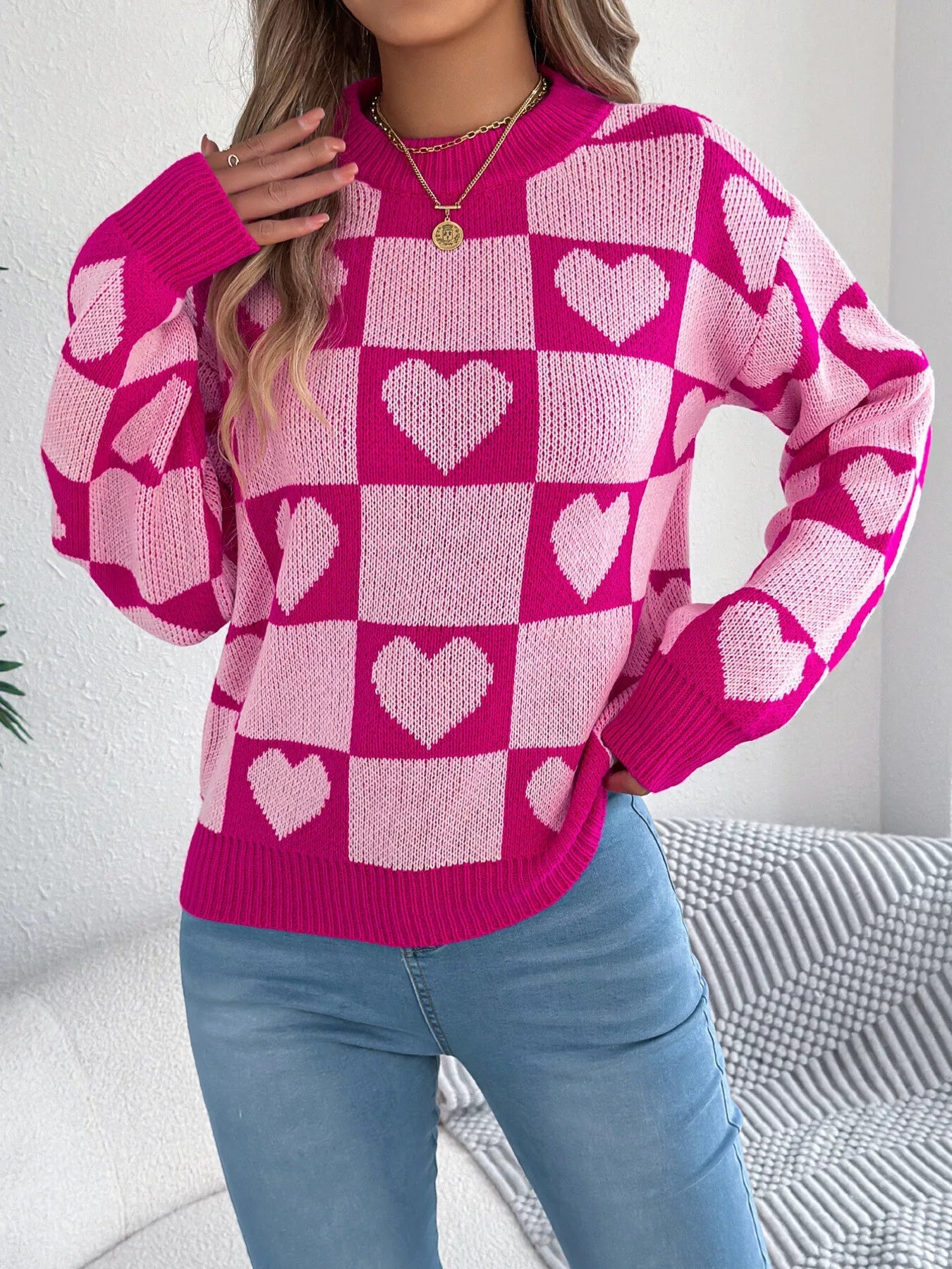 Heart Checkerboard Pattern Round Neck Sweater - MAD RUFFI